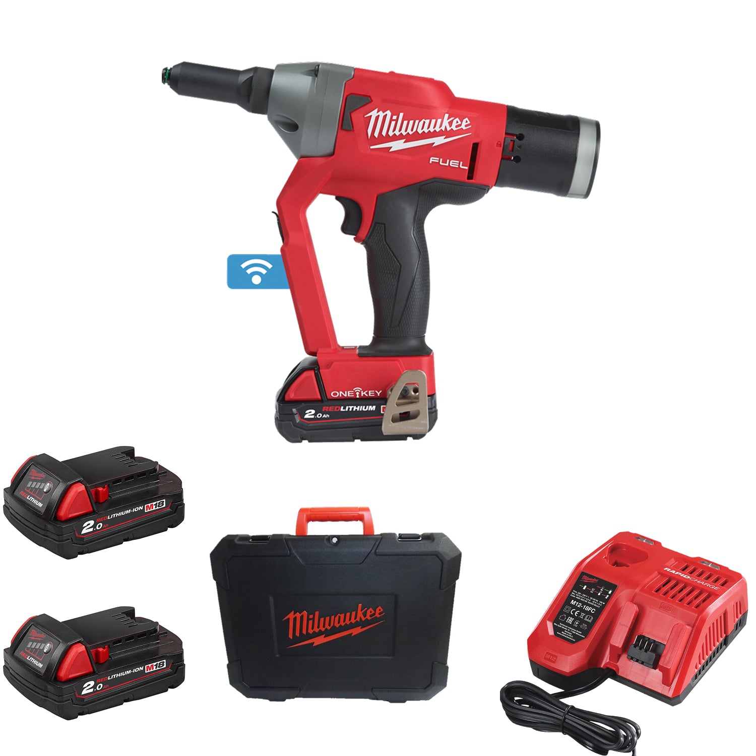 Pistol pentru nituit M18 FUEL™ ONE-KEY™ Milwaukee M18ONEFPRT-202X, cod 4933478602, 2 x M18 B2 acumulator, M12-18 FC încărcător, cutie HD
