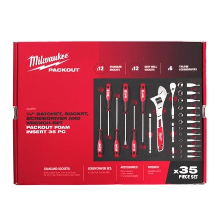 Set 35 buc Milwaukee PACKOUT™ cu antrenor cu clichet ¼″, chei tubulare, șurubelnițe și chei în inserție de spumă, cod 4932480717