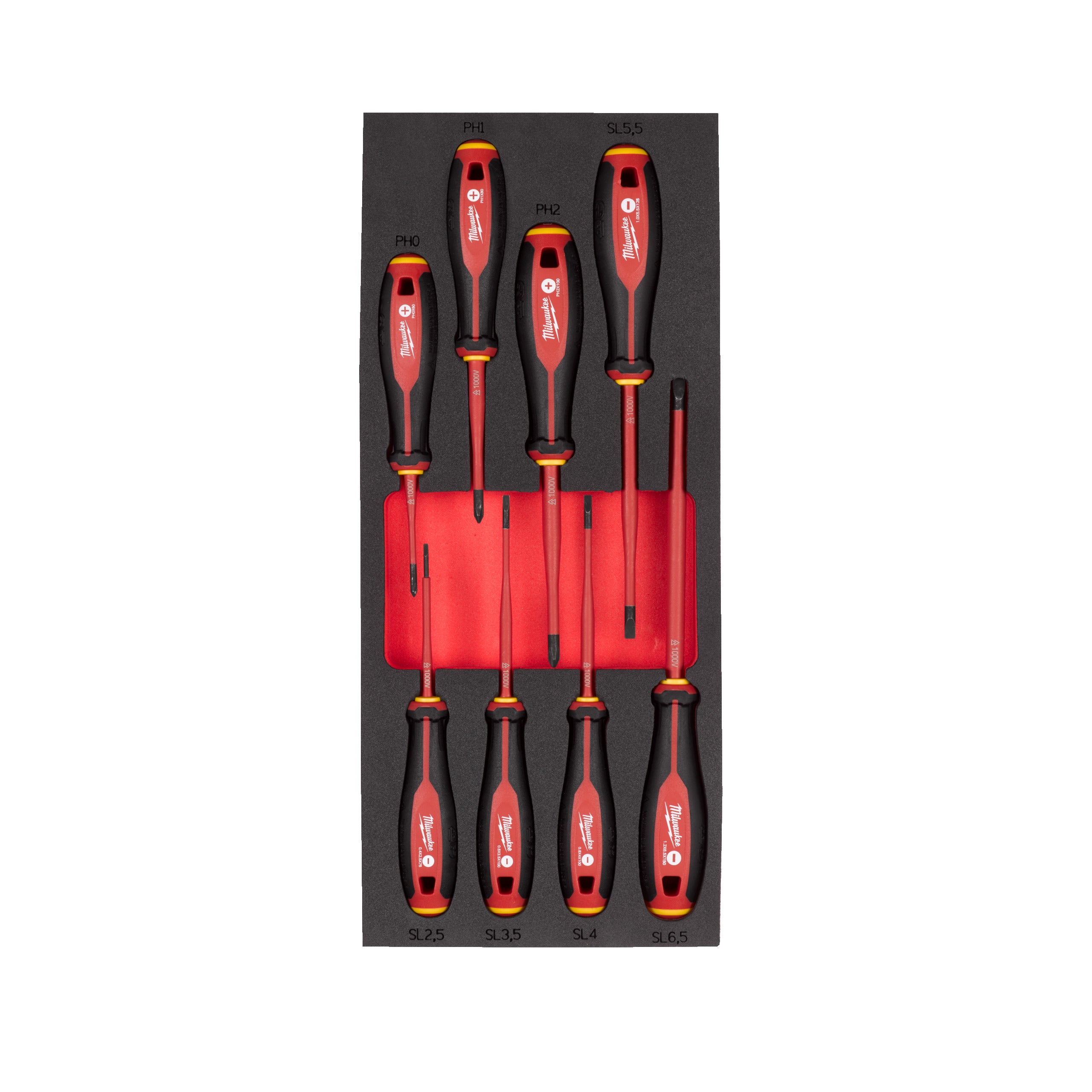 Inserție din spumă pentru dulap metalic TOOLGUARD™ șurubelnițe VDE Tri-Lobe Milwaukee VDE Trilobe Screwdriver Set Foam Insert - 8 pcs, cod 4932493249