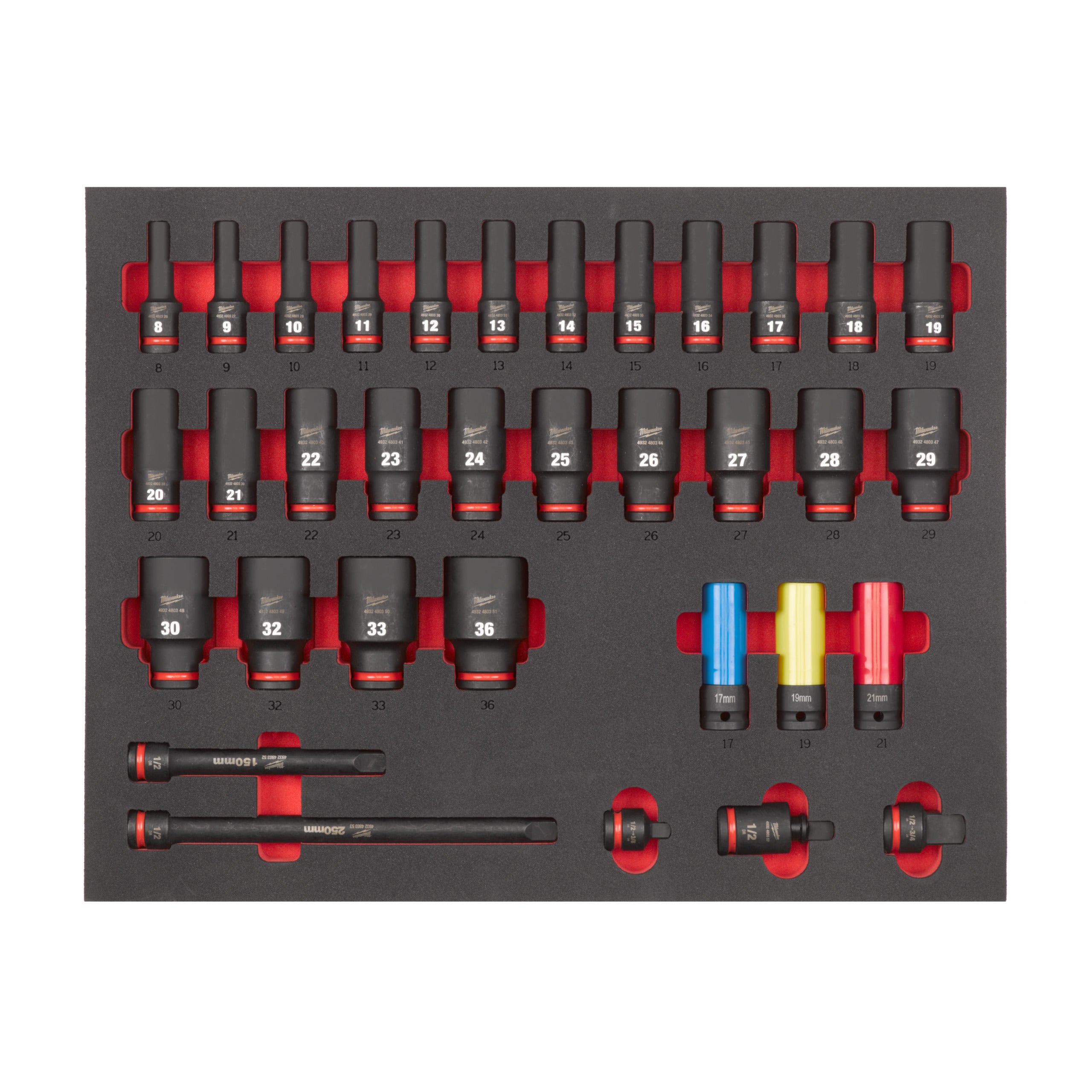 Set chei tubulare ½" SHOCKWAVE™ IMPACT DUTY Milwaukee 1/2" Sockets deep foam set 1 (34 pc), cod 4932493394