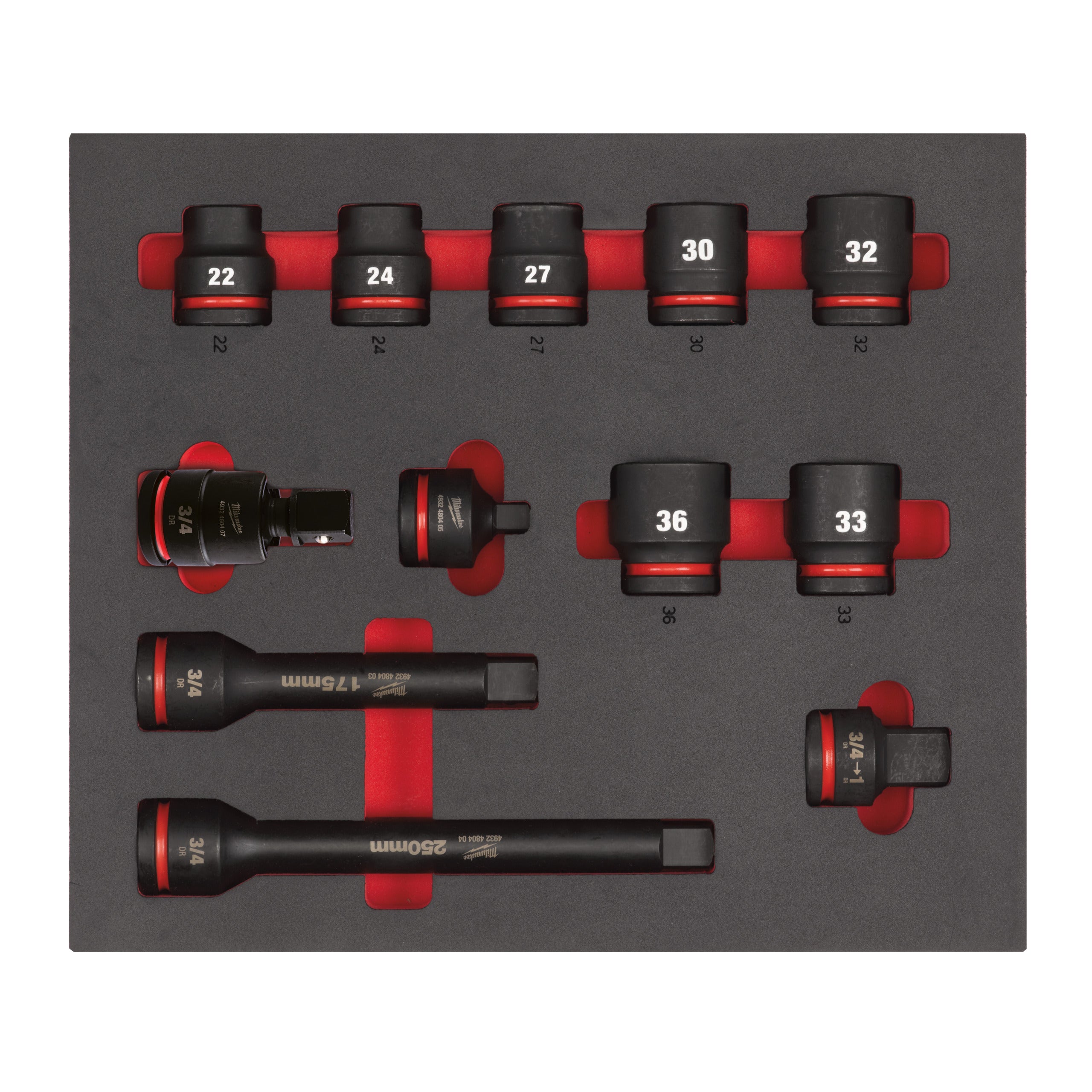 Cheie tubulară Shockwave Impact Inserție spumă ¾″ SHOCKWAVE™ IMPACT DUTY Milwaukee 3/4" Sockets STD foam set 1 (12 pc), cod 4932493396