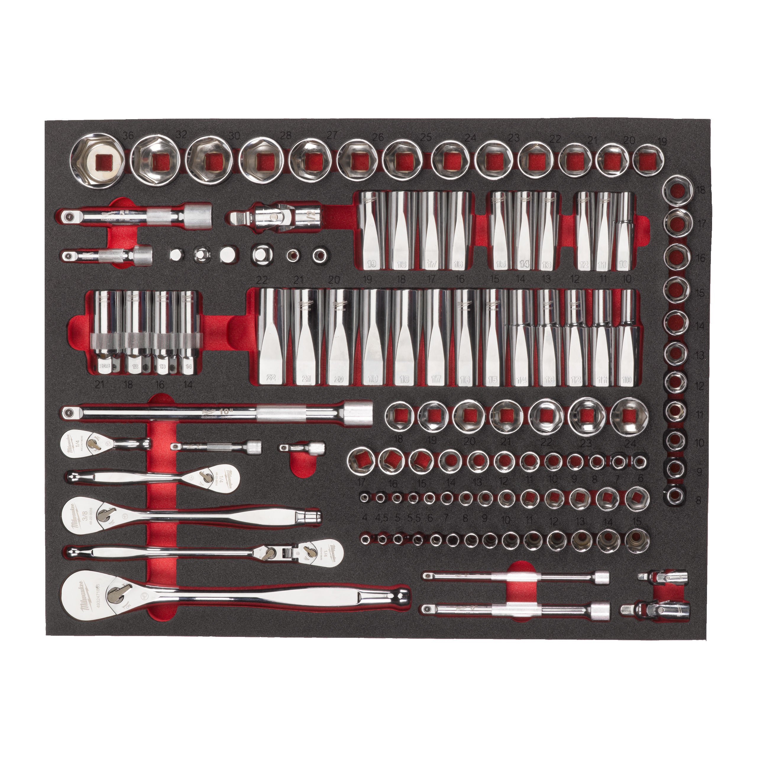 Inserție din spumă pentru dulap metalic TOOLGUARD™ goală pentru antrenor cu clichet și tubulare ¼″, ⅜″ & ½″ Milwaukee 1/4" , 3/8" , 1/2" Ratchet and Socket Foam Insert Set, cod 4932498518