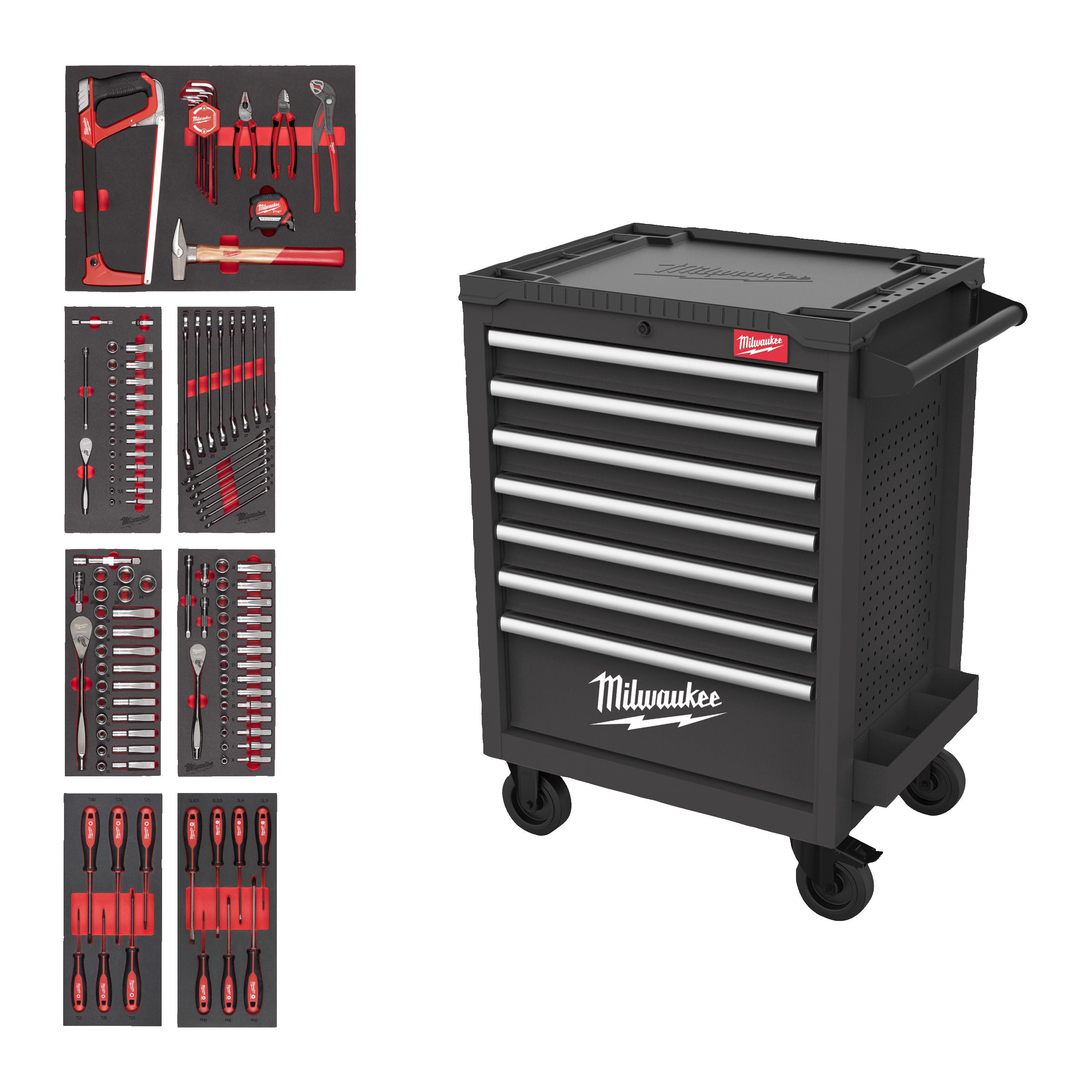 Dulap metalic TOOLGUARD™ TOOLGUARD™ Dulap de scule mobil, echipat cu 7 sertare, metalic, 69 cm dotat cu 131 buc scule Milwaukee 131 pc Filled TOOLGUARDTM 27IN/69cm GREY, cod 4932500741