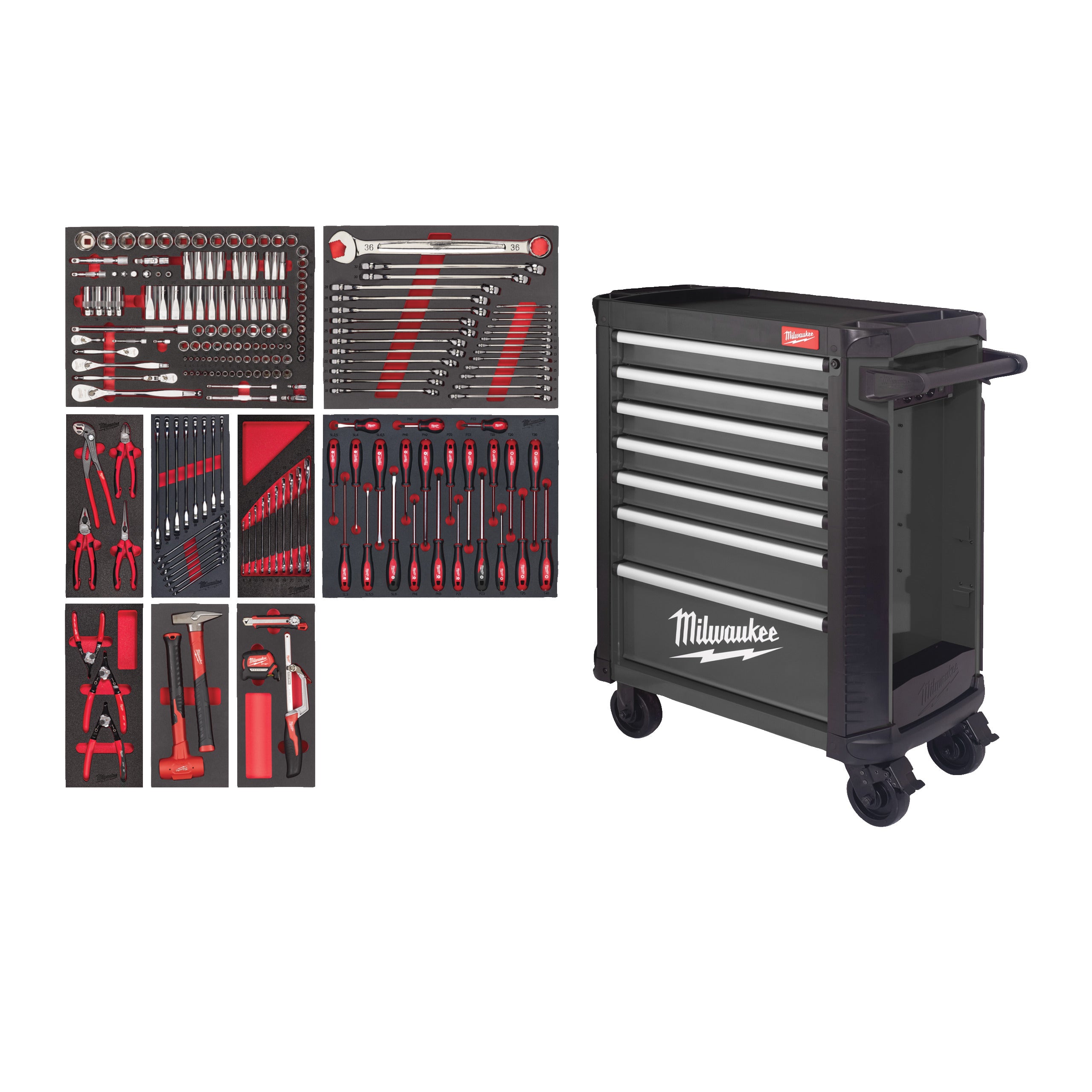 Dulap metalic TOOLGUARD™ TOOLGUARD™ Dulap de scule mobil, cu 7 sertare, metalic, 78 cm dotat cu scule, EU Milwaukee 206 pc Filled TOOLGUARDTM 30IN/78cm GREY, cod 4932500744