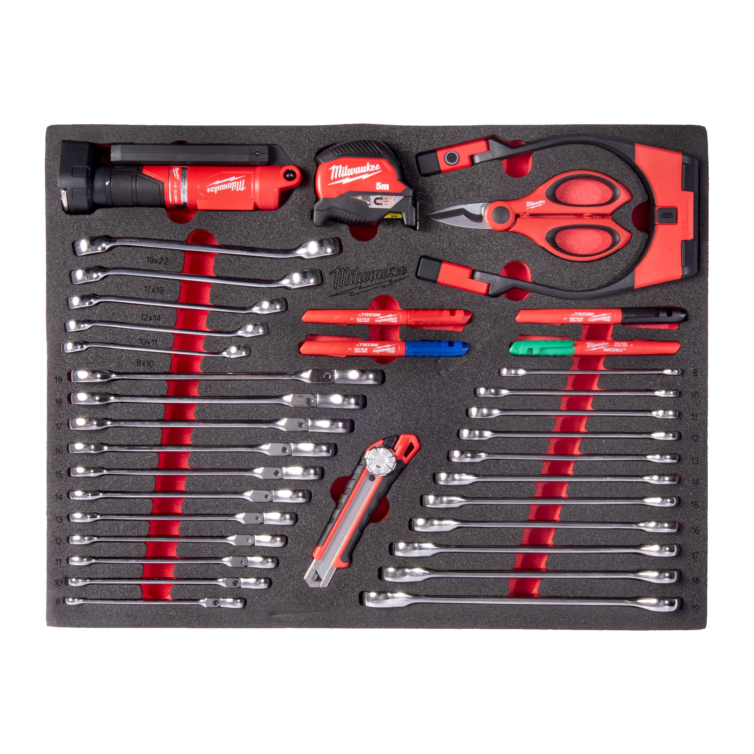 Inserție din spumă pentru dulap metalic TOOLGUARD™ - chei, lumini, tăiere și măsurare Milwaukee 36 pc Spanner, Lights, Cutting and Measuring Set Foam Insert, cod 4932500759