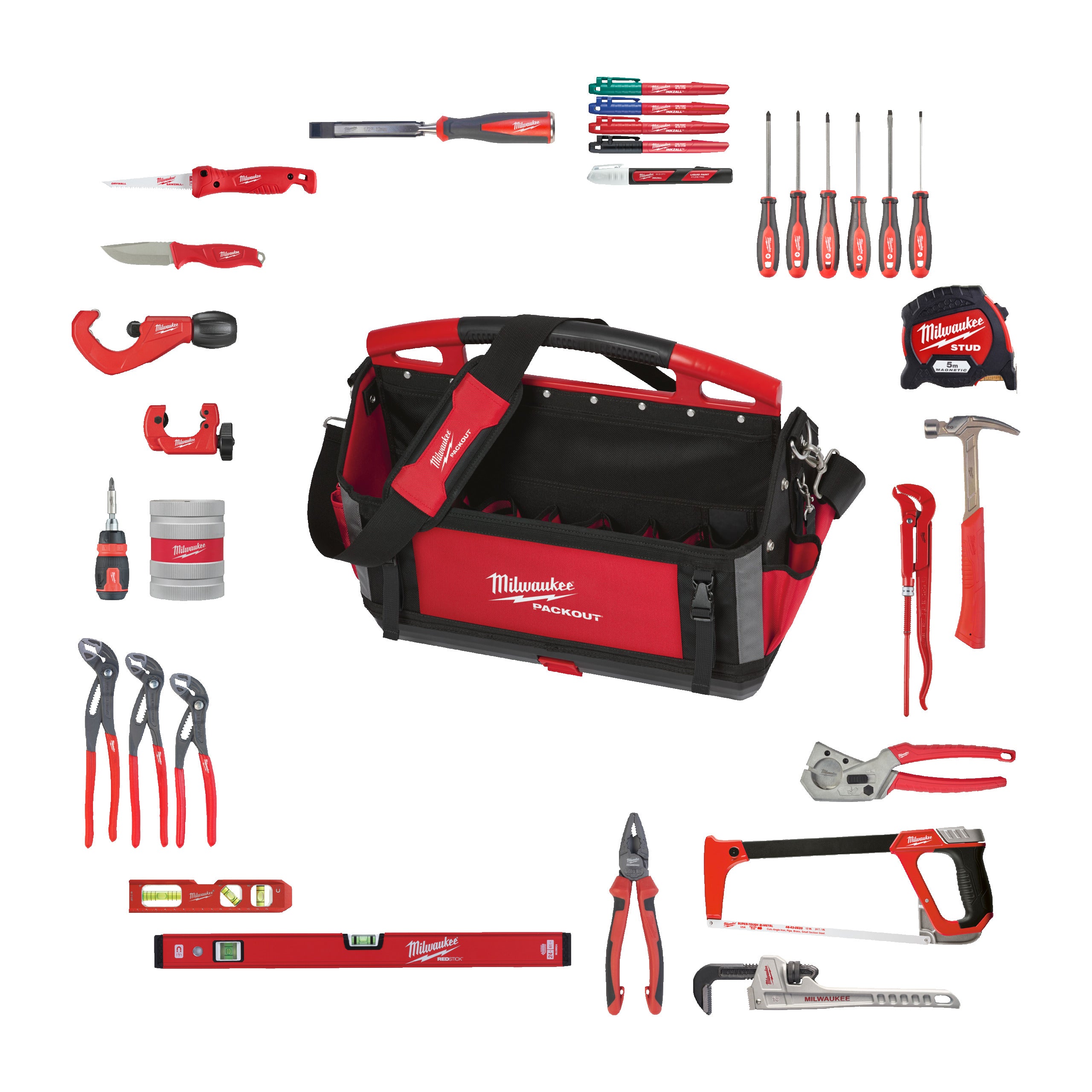 Set scule de mână instalatori 38 buc. în geantă PACKOUT™ tote 50 cm Milwaukee Packout Totebag Plumbing Set 38 pc, cod 4932501191