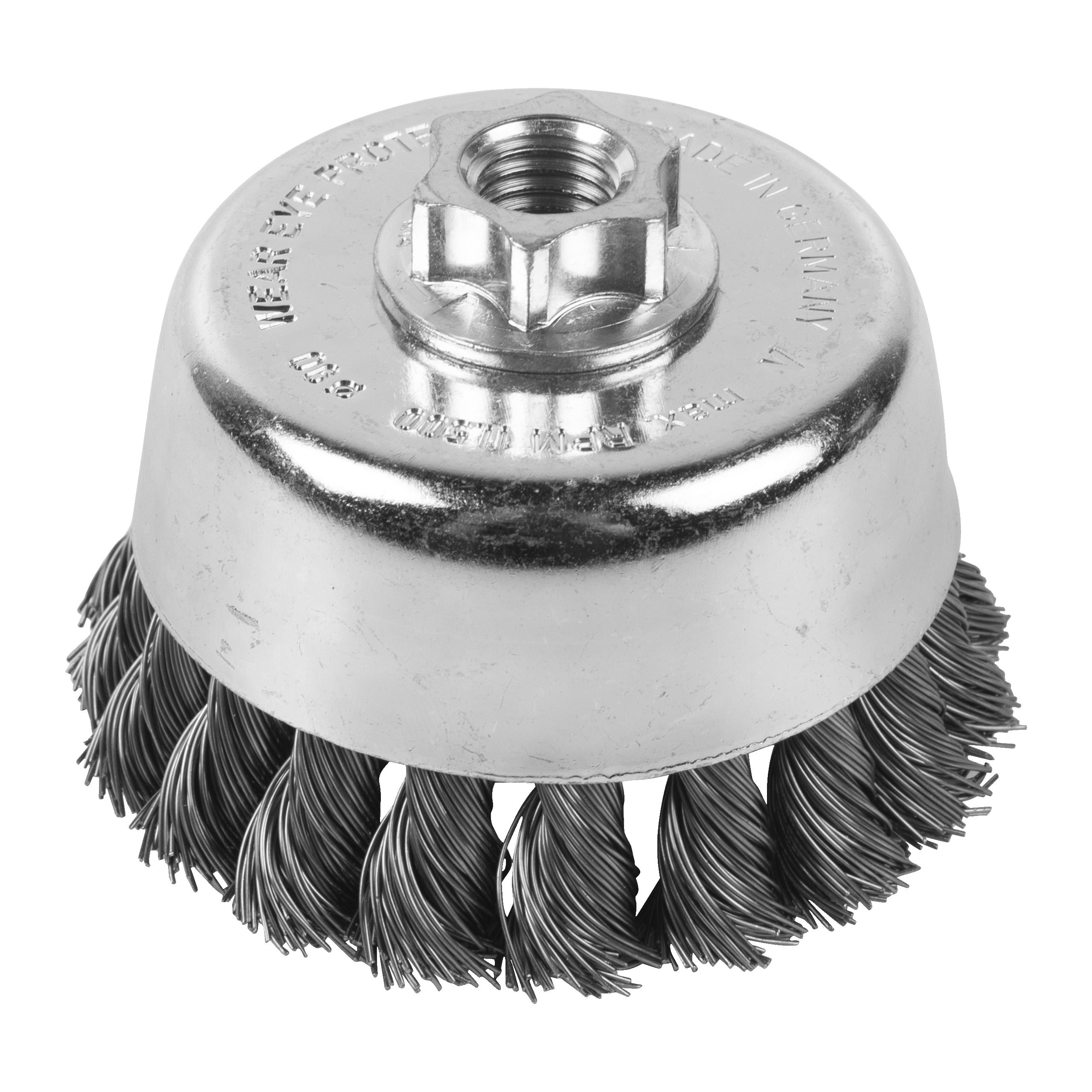 Perie sârmă răsucită tip cupă pentru polizor drept mic Milwaukee Knot Cup Brush M14 90x20mm Steel 0.5mm, cod 4932501737