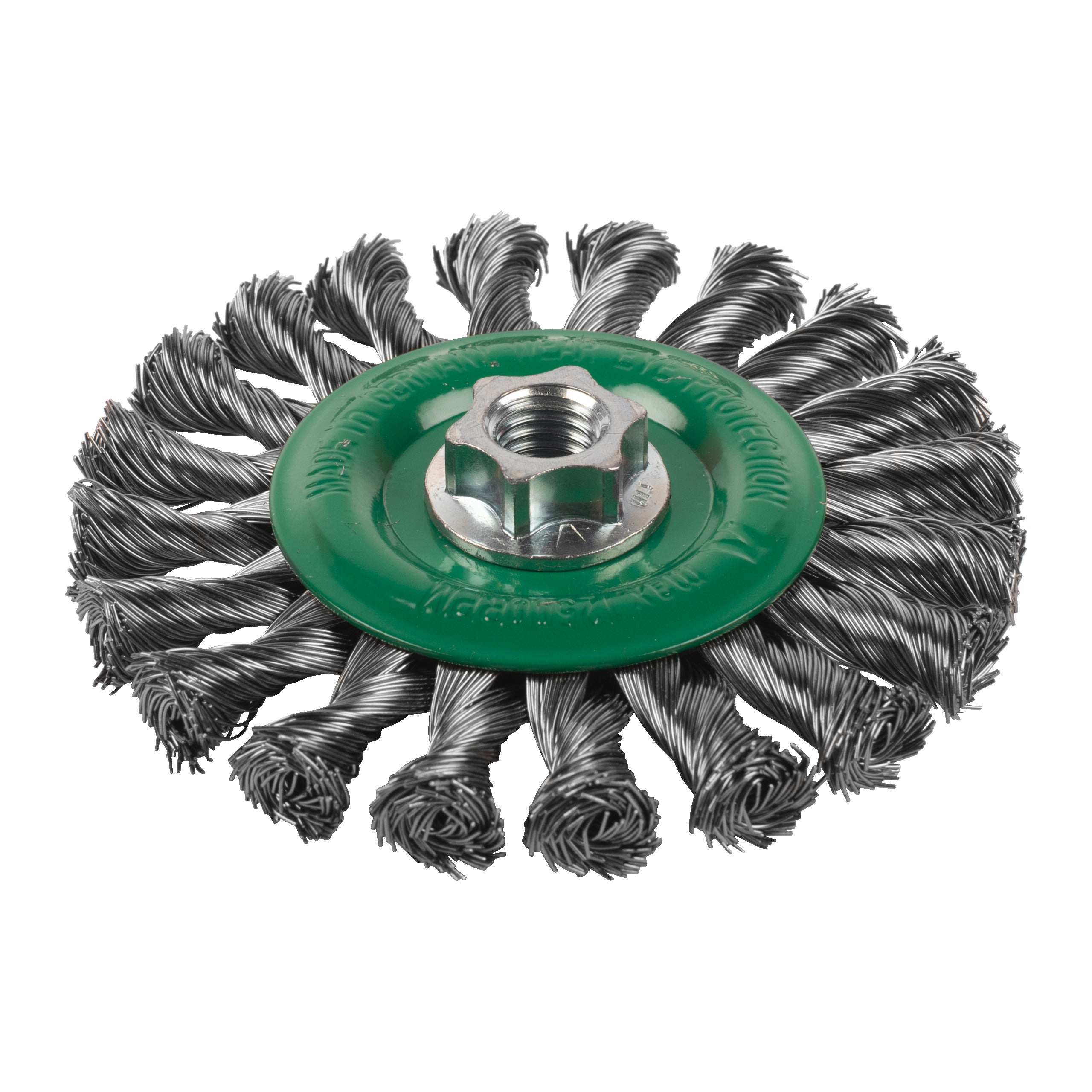 Perie sârmă răsucită rotundă pentru polizor drept mic Milwaukee Knot Wheel Brush M14 115x14mm Stainless Steel 0.5mm, cod 4932501739