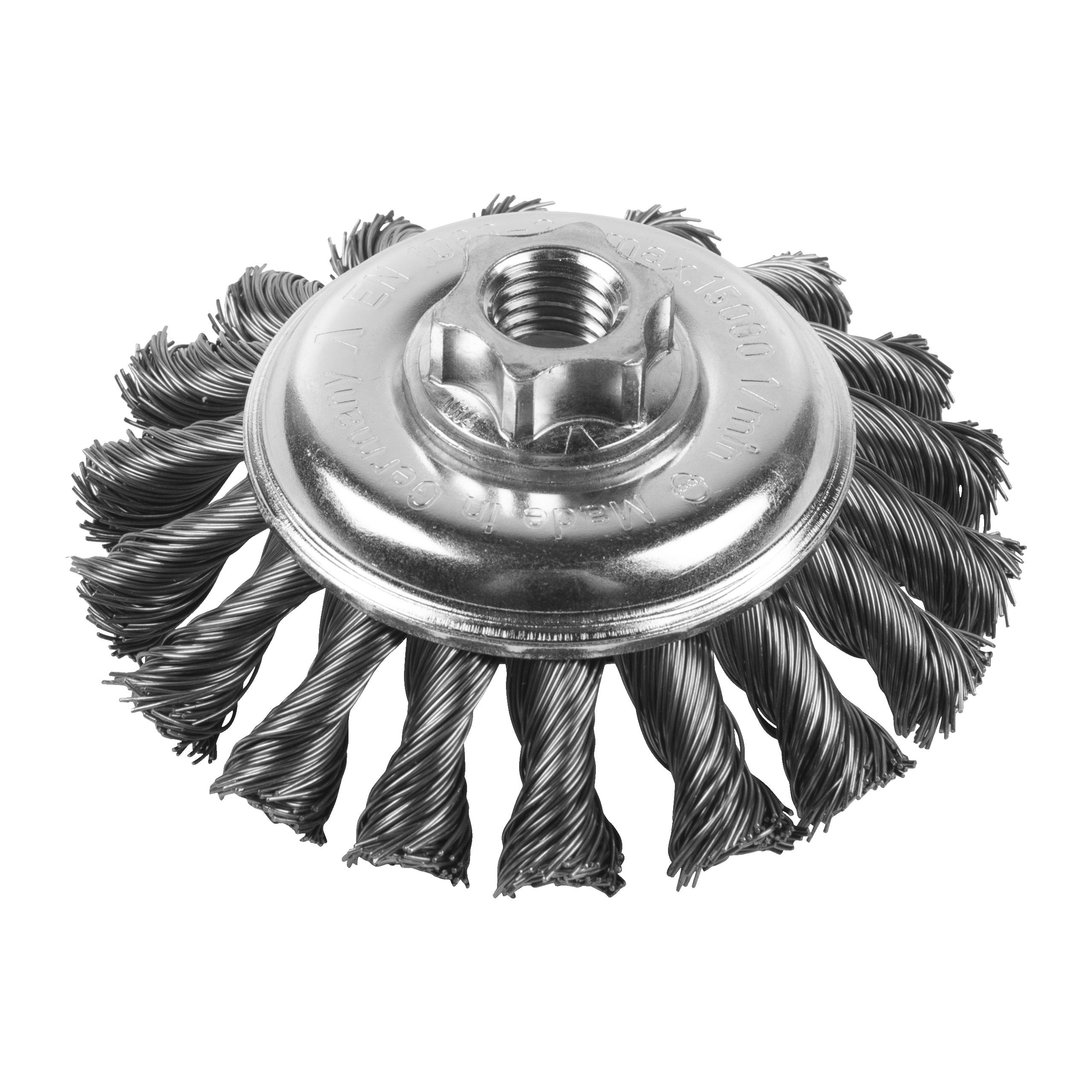 Perie sârmă conică răsucită pentru polizor drept mic Milwaukee Knot Conical Brush M14 100x12mm Steel 0.5mm, cod 4932501744