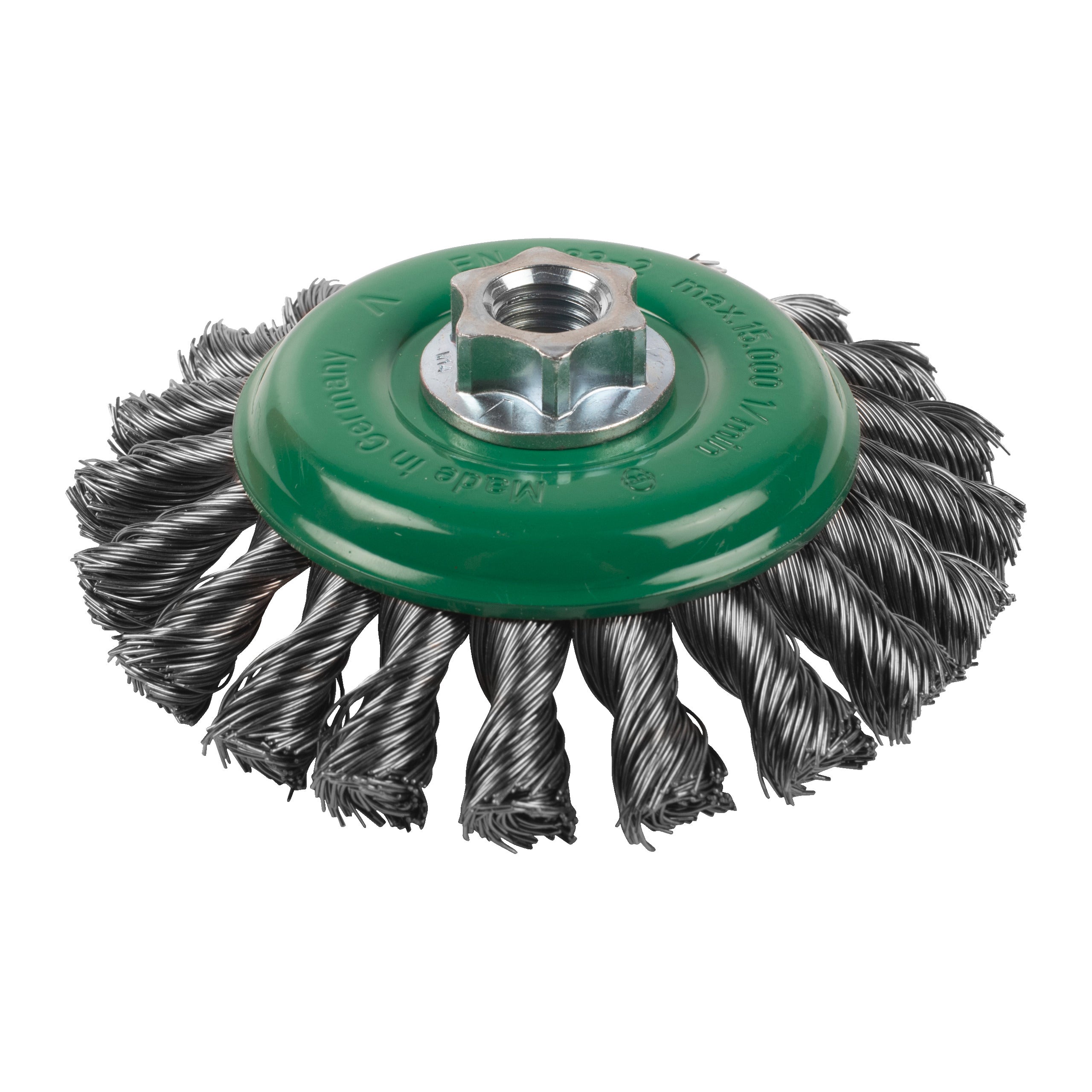Perie sârmă conică răsucită pentru polizor drept mic Milwaukee Knot Conical Brush M14 115x12mm Stainless Steel 0.5mm, cod 4932501747