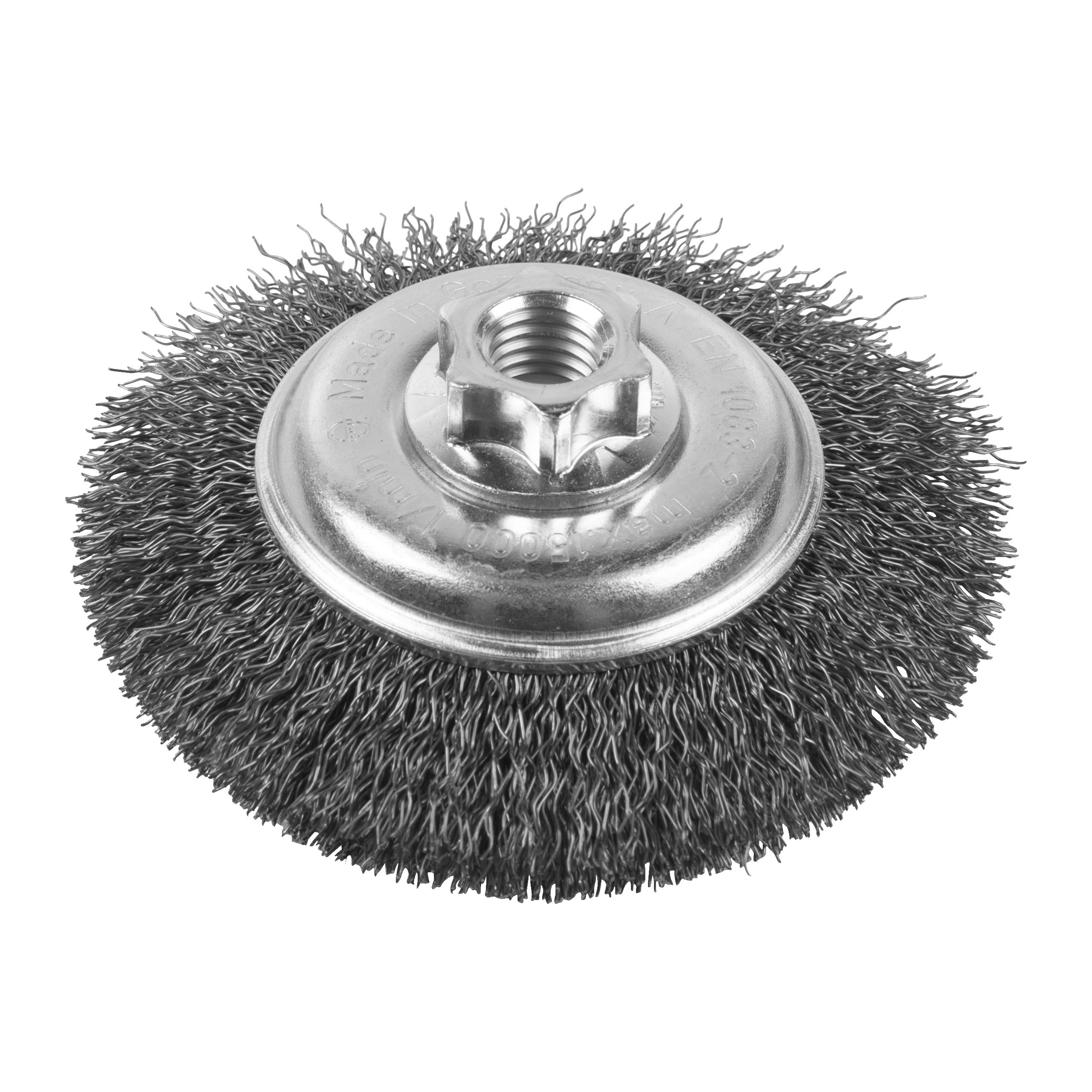 Perie sârmă Perie conică ondulată pentru polizor drept mic Milwaukee Bevel Brush M14 100x10mm Steel Crimped 0.35mm, cod 4932501748