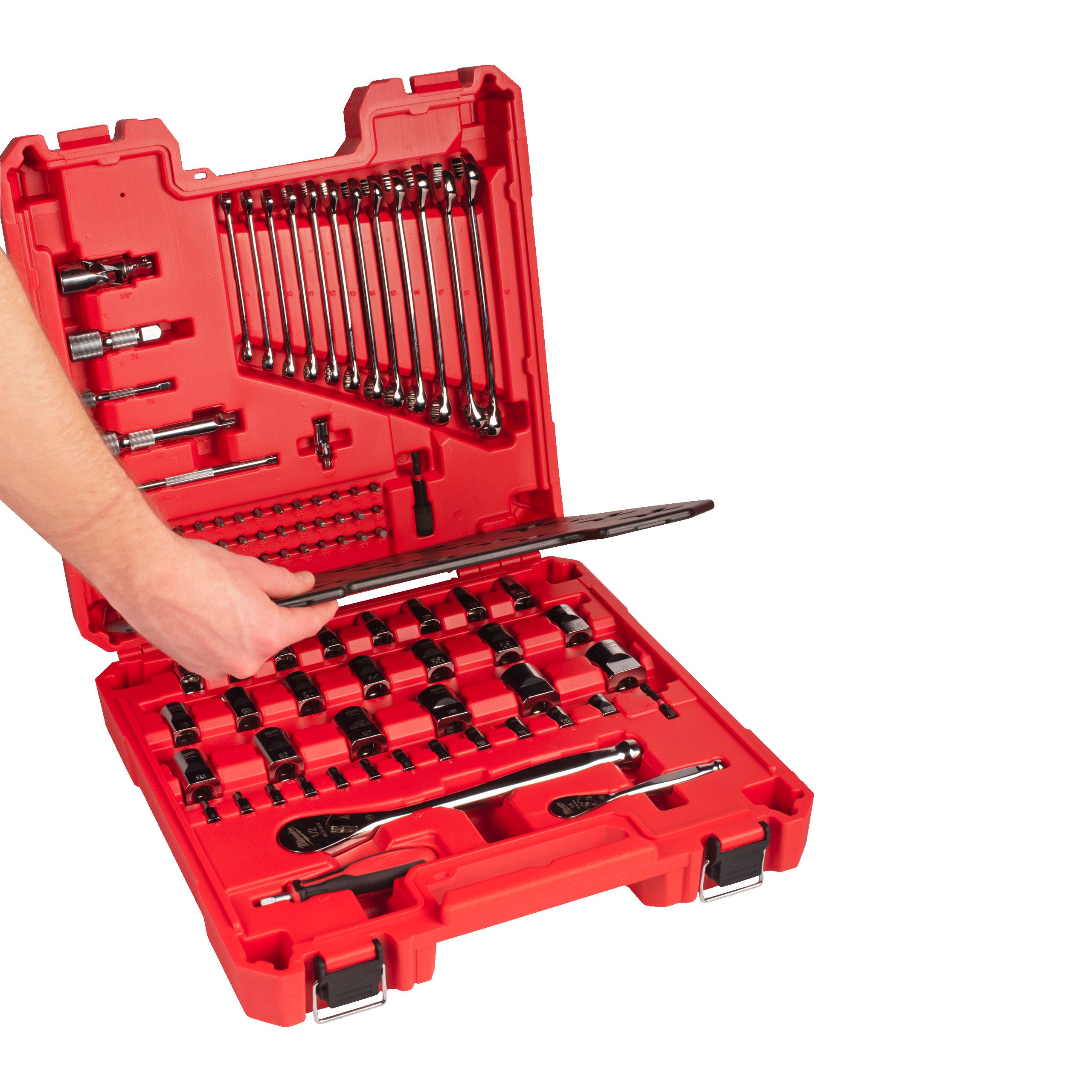 Set trusă mecanic Set de scule de mână mecanici Milwaukee 87 pc 1/4'' & 1/2'' Drive Mechanics Set, cod 4932501844