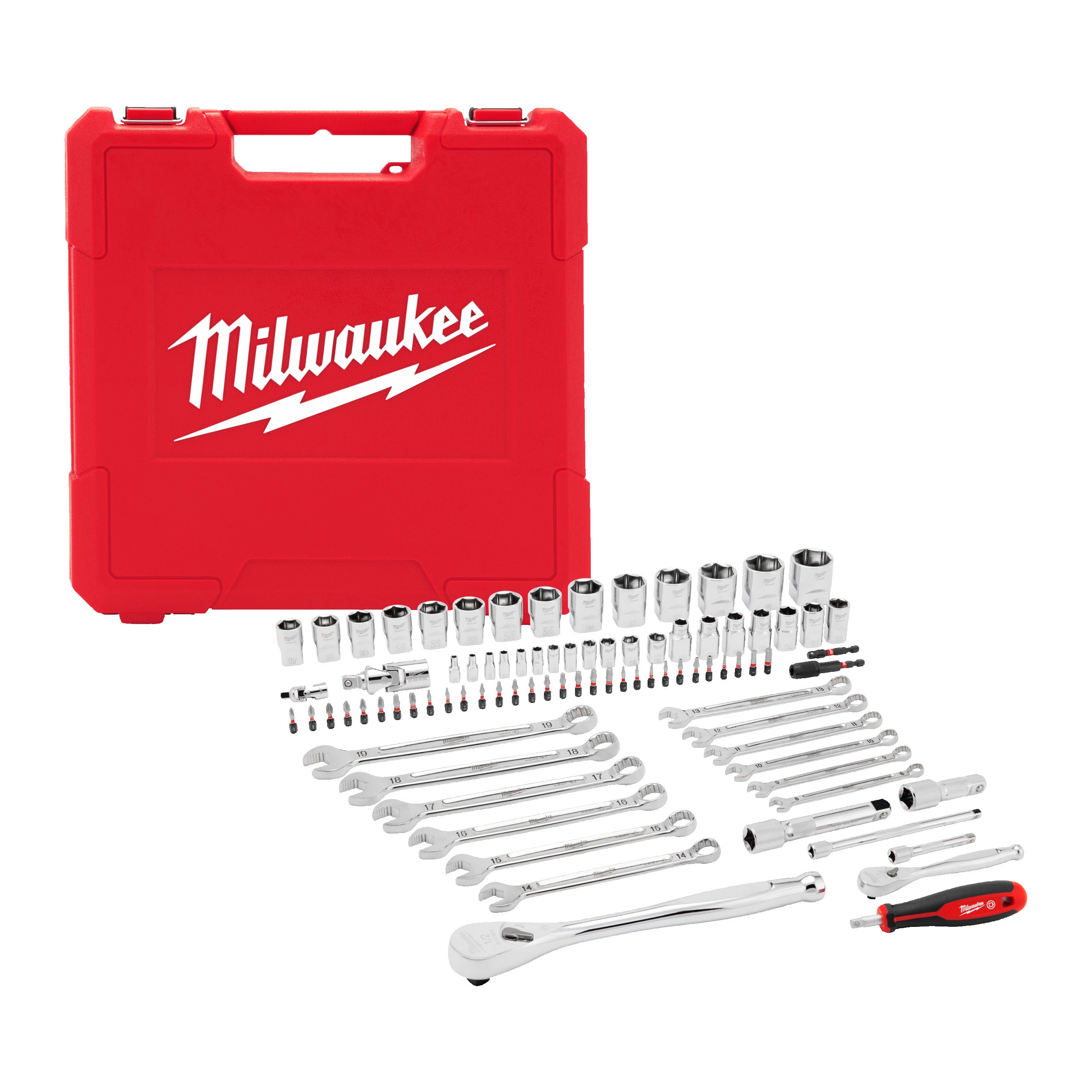 Set trusă mecanic Set de scule de mână mecanici Milwaukee 87 pc 1/4'' & 1/2'' Drive Mechanics Set, cod 4932501844