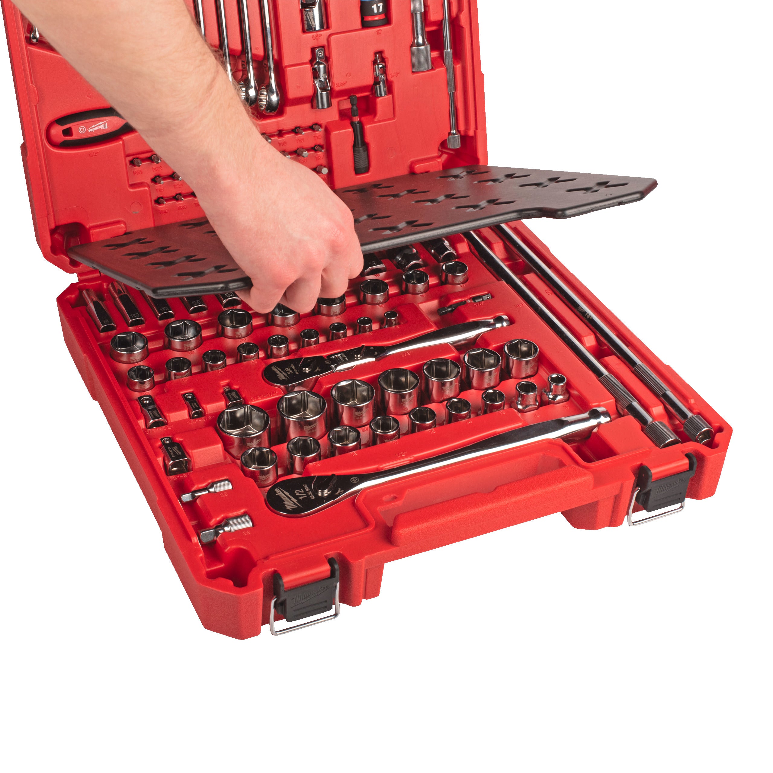 Set trusă mecanic Set de scule de mână mecanici Milwaukee 108 pc 1/4'' & 3/8'' & 1/2'' Drive Mechanics Set, cod 4932501845