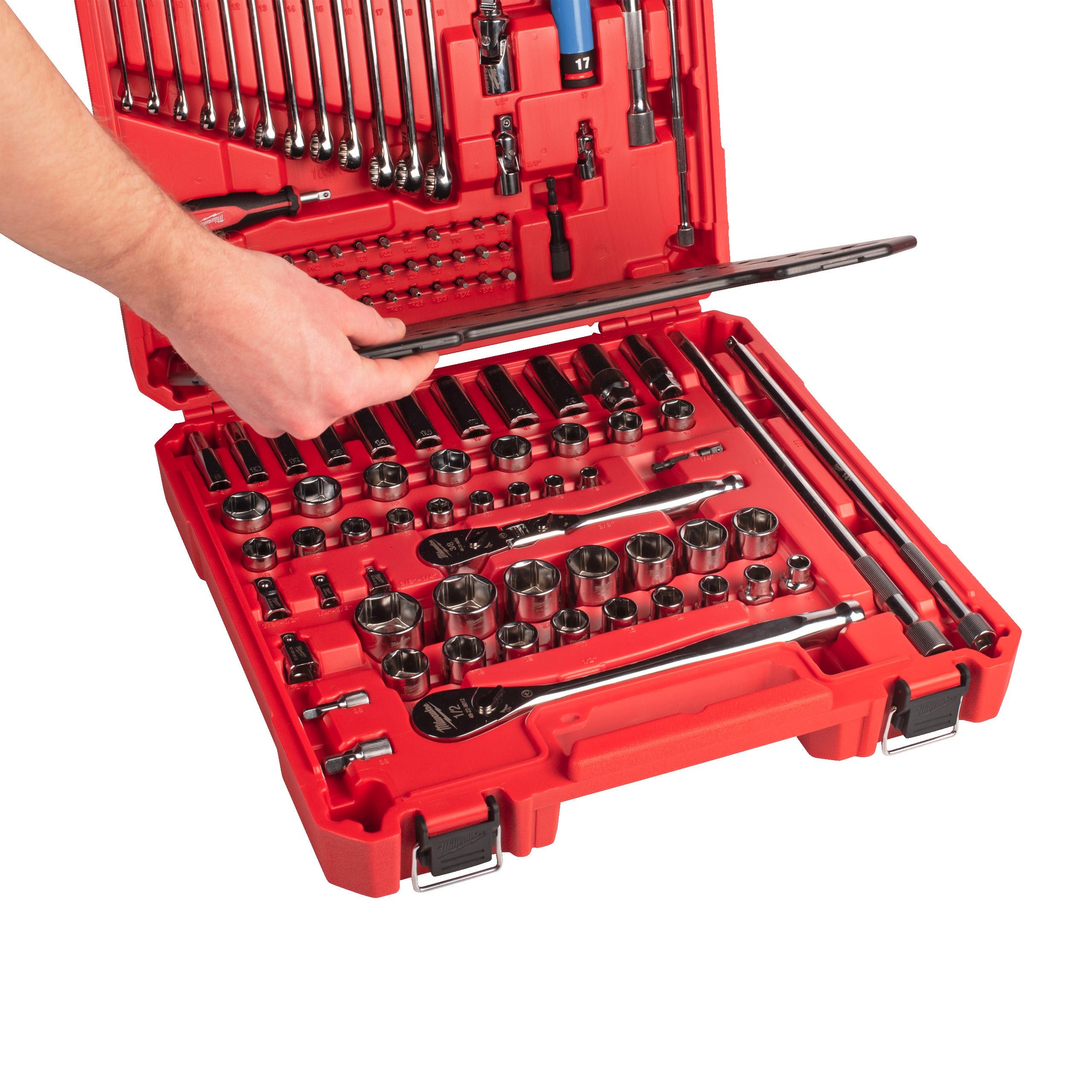 Set trusă mecanic Set de scule de mână mecanici Milwaukee 108 pc 1/4'' & 3/8'' & 1/2'' Drive Mechanics Set, cod 4932501845
