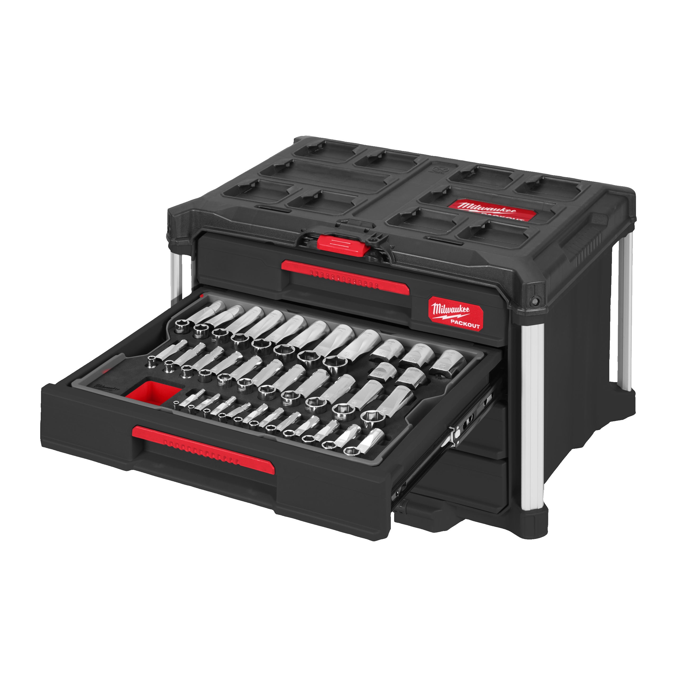 Inserție din spumă PACKOUT™ pentru mecanici Milwaukee 244 pc Filled PackoutTM 1/4. 3/8'' and 1/2'' Drive Ratchets and Sockets Set, cod 4932501864