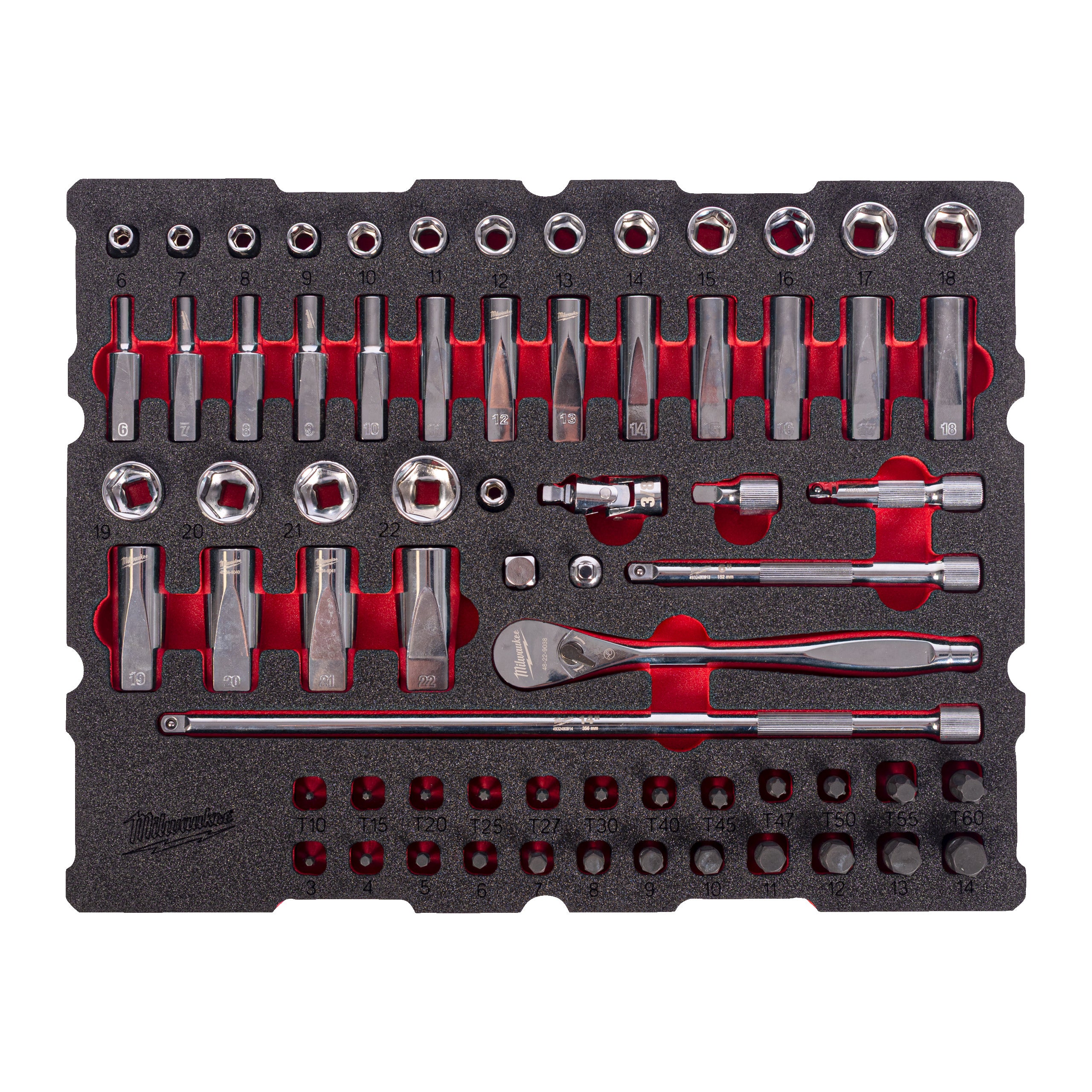 Set inserție spumă PACKOUT™ antrenor cu clichet ⅜″ și chei tubulare Milwaukee 67 pc 3/8'', cod 4932501868