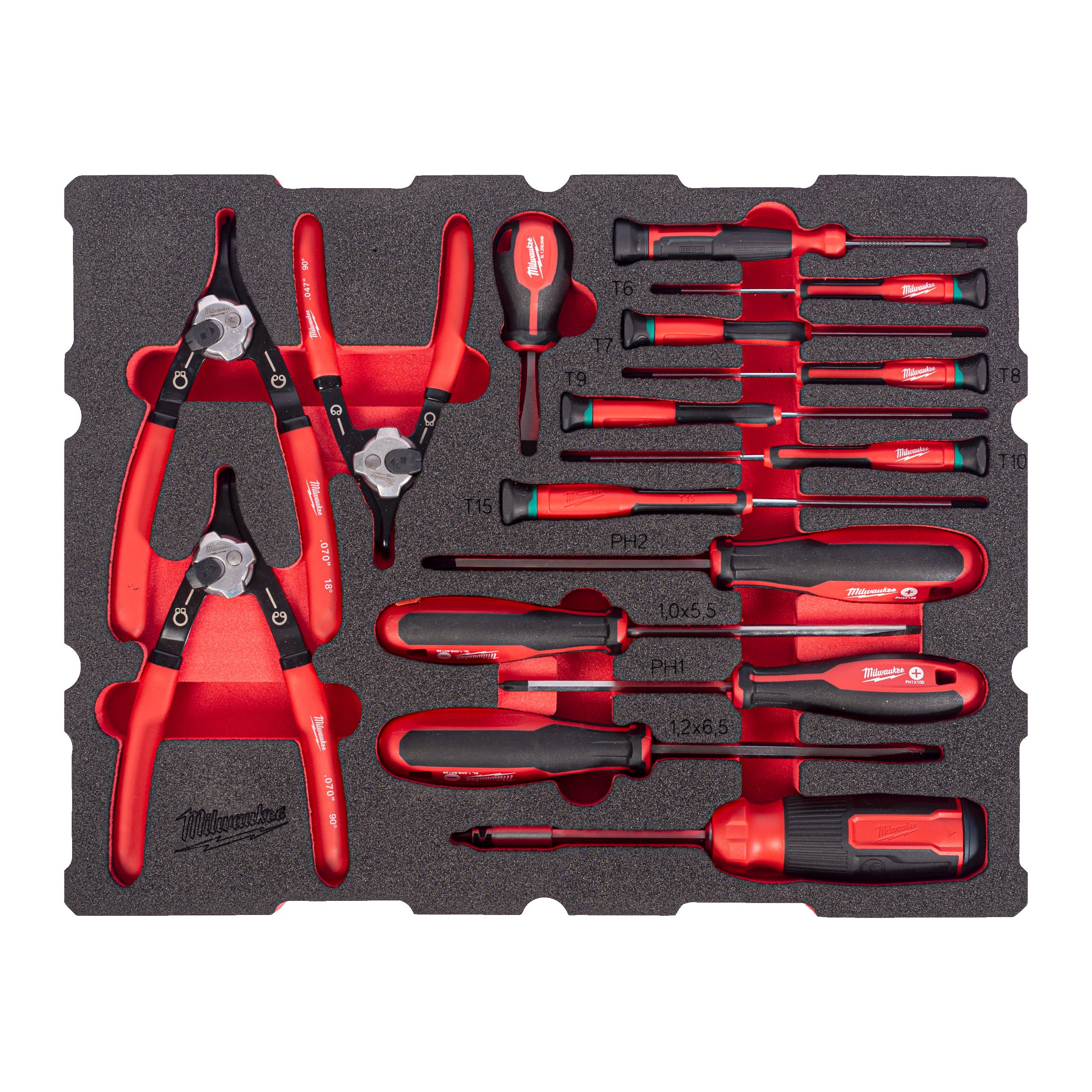 Set inserție spumă PACKOUT™ șurubelnițe și clești pentru inele de siguranță Milwaukee 44 pc Screwdriver and Circlipplier Set PackoutTM Foam Insert, cod 4932501876