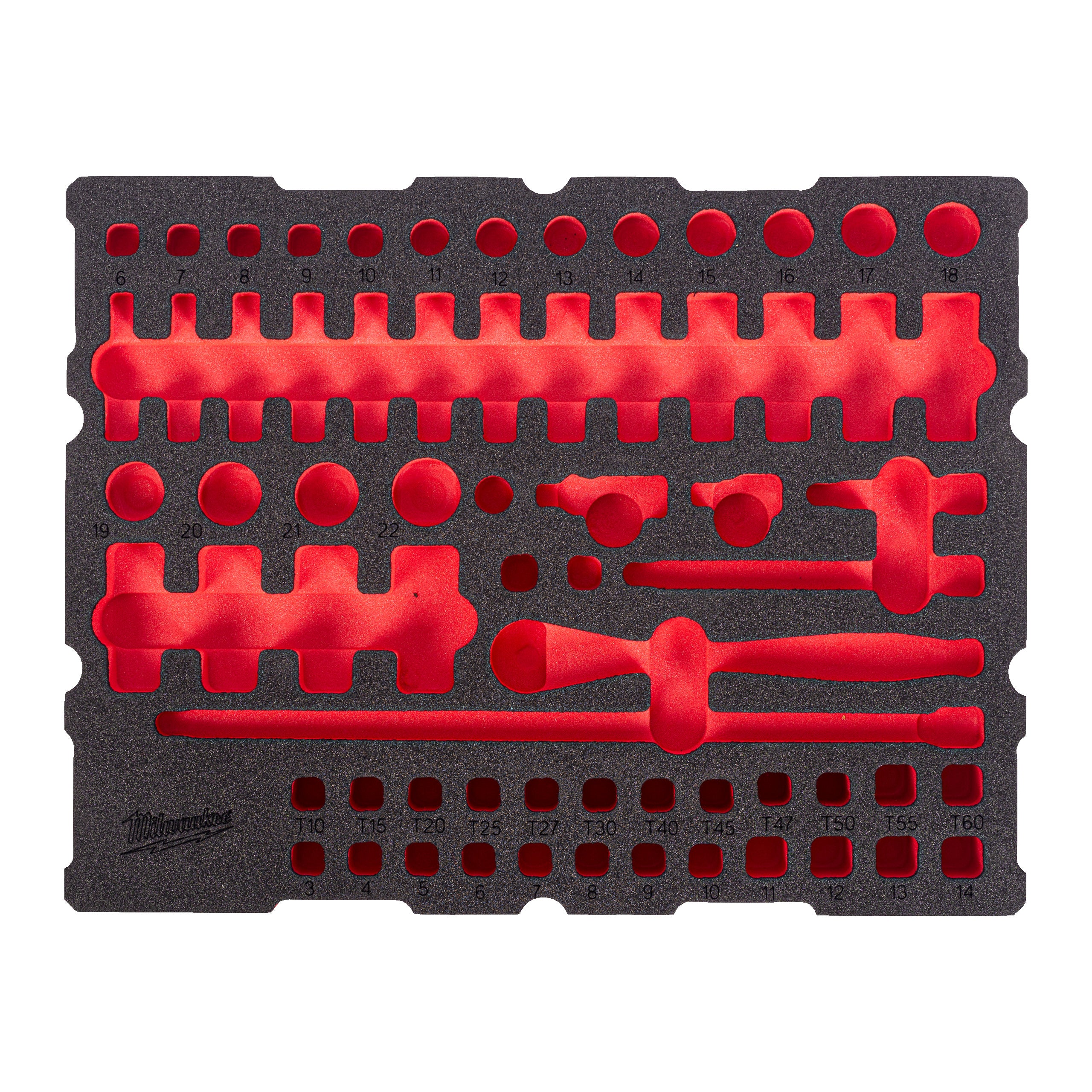 Set inserție spumă PACKOUT™ antrenor cu clichet ¼″ și chei tubulare Milwaukee REPLACEMENT 68 pc ¼'' Ratchet and Socket Set Packout Foam Insert, cod 4932502032