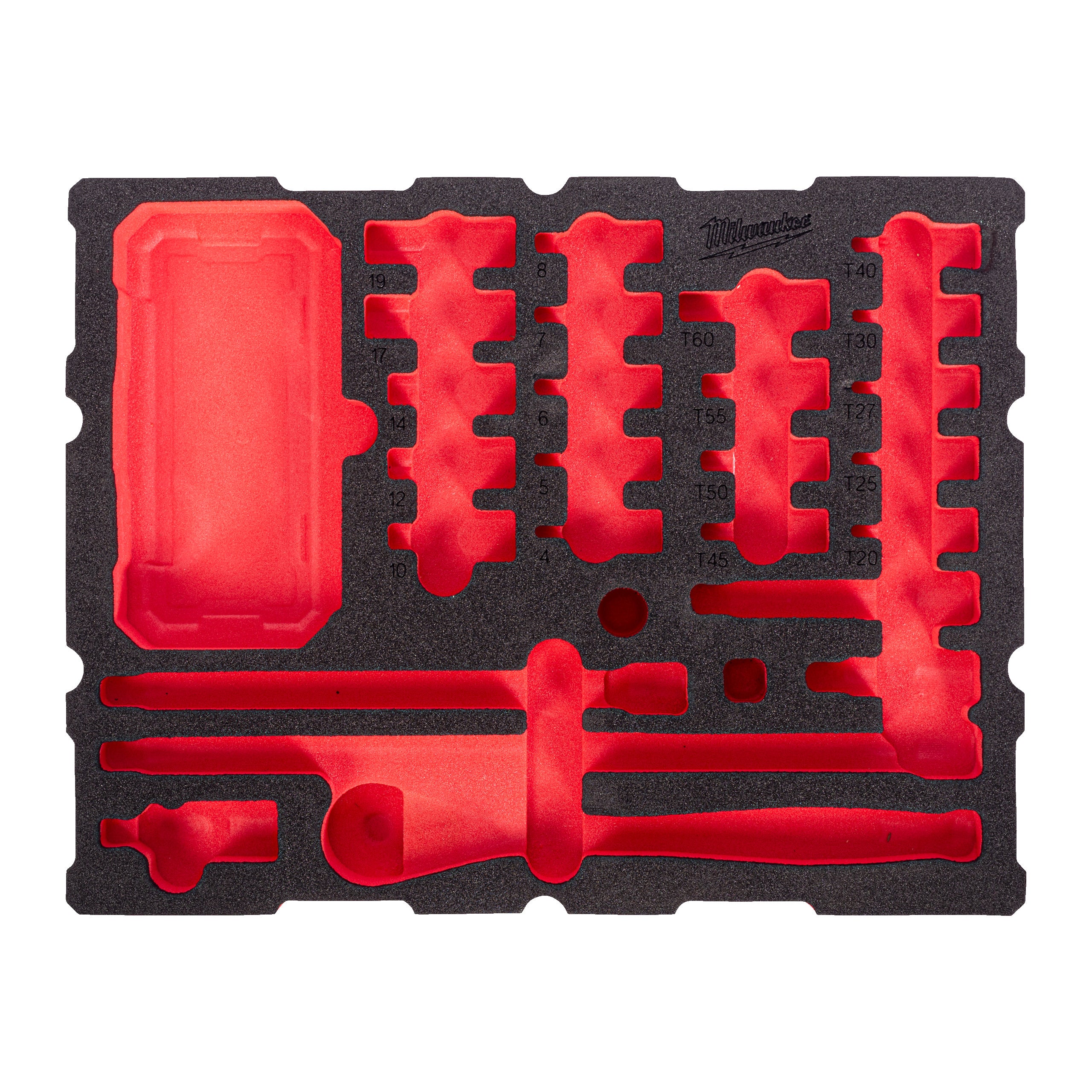 Set inserție spumă PACKOUT™ antrenor cu clichet ⅜″ și chei tubulare Milwaukee REPLACEMENT 67 pc 3/8'' Ratchet and Socket Set Packout Foam Insert, cod 4932502033