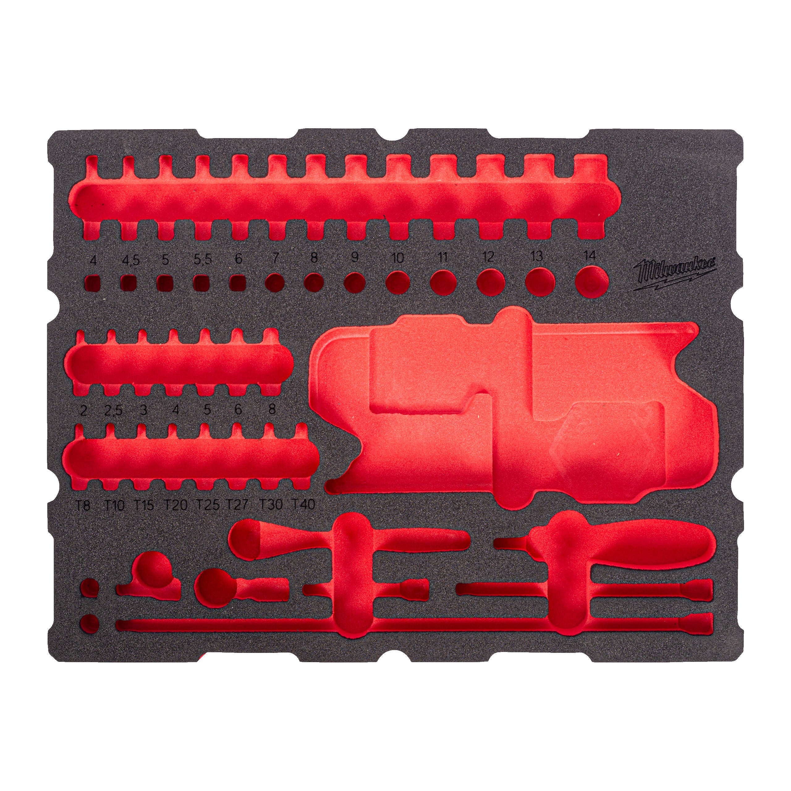 Set inserție spumă PACKOUT™ antrenor cu clichet ½″ și cap chei tubulare cu bit Milwaukee REPLACEMENT 67 pc ½'' Ratchet and Bit Socket Set Packout Foam Insert, cod 4932502035