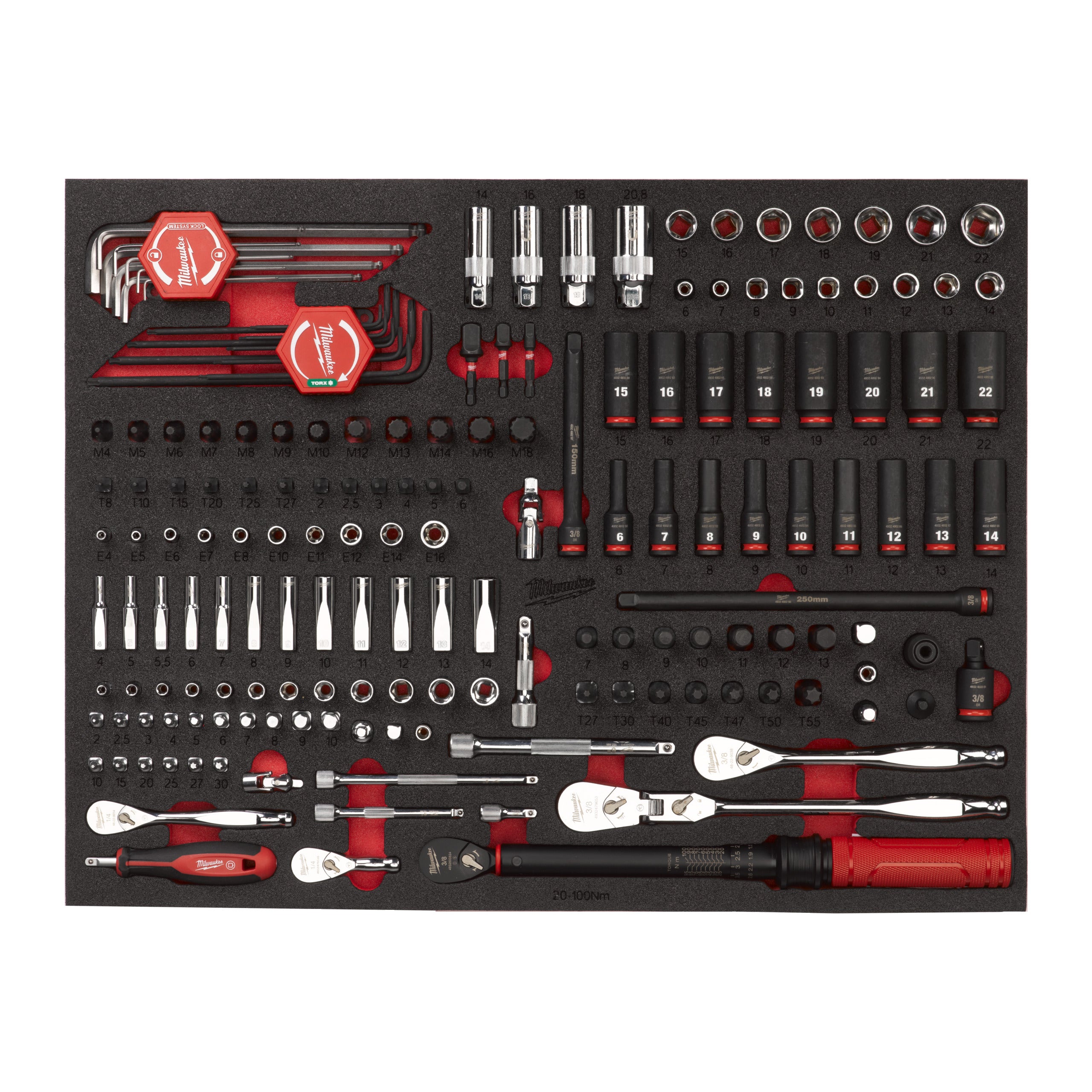 Inserție din spumă pentru dulap metalic TOOLGUARD™ antrenor cu clichet, chei tubulare și cap chei tubulare cu bit ¼″ & ⅜″ (171 Milwaukee 171 pc 1/4'' and 3/8'' Ratchet, Socket and Bit Socket Foam Insert 46''/36'', cod 4932502080