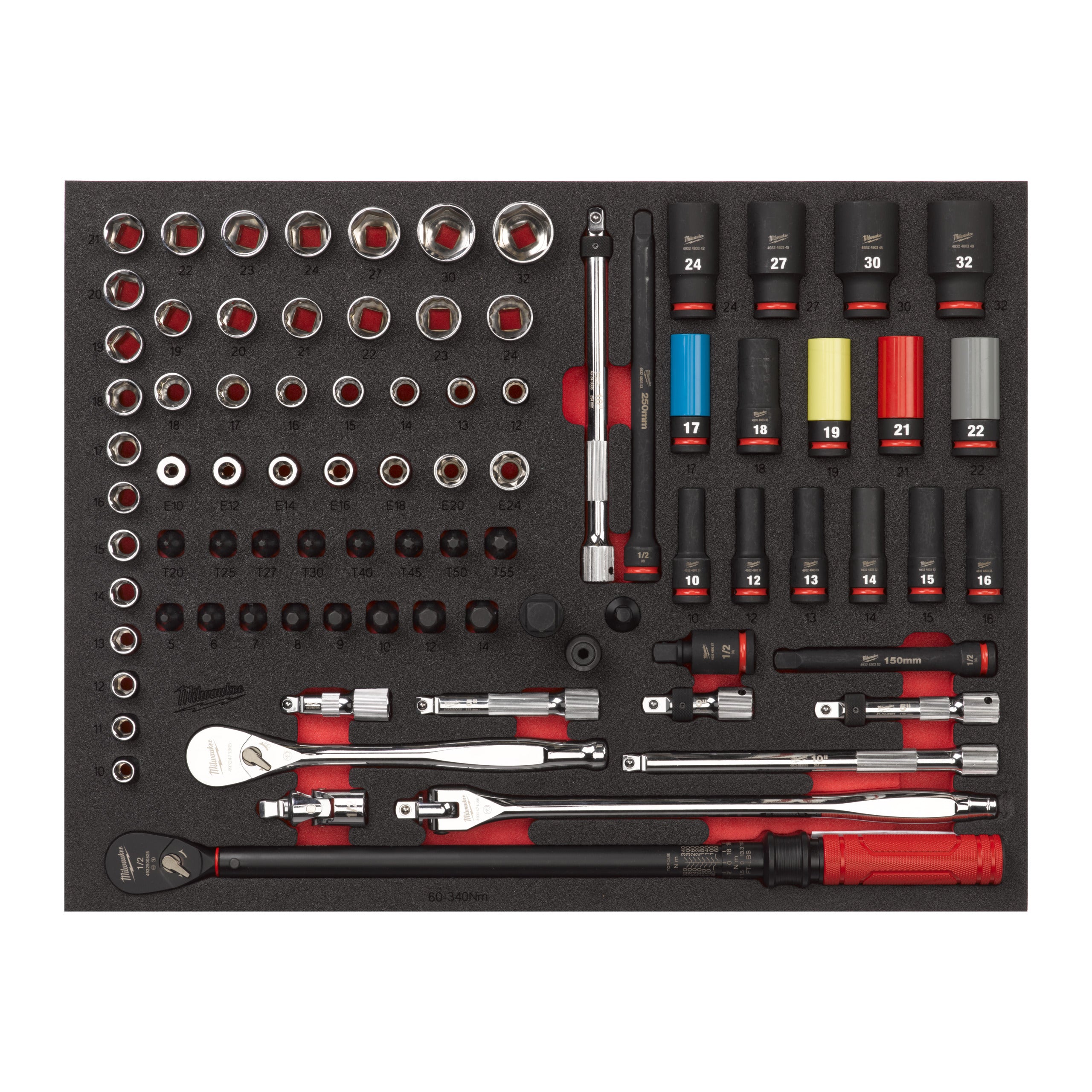 Inserție din spumă pentru dulap metalic TOOLGUARD™ cu antrenor cu clichet și chei tubulare de impact ½″ (85 buc.) pentru dulapurile Milwaukee 85 pc 1/2'', cod 4932502082