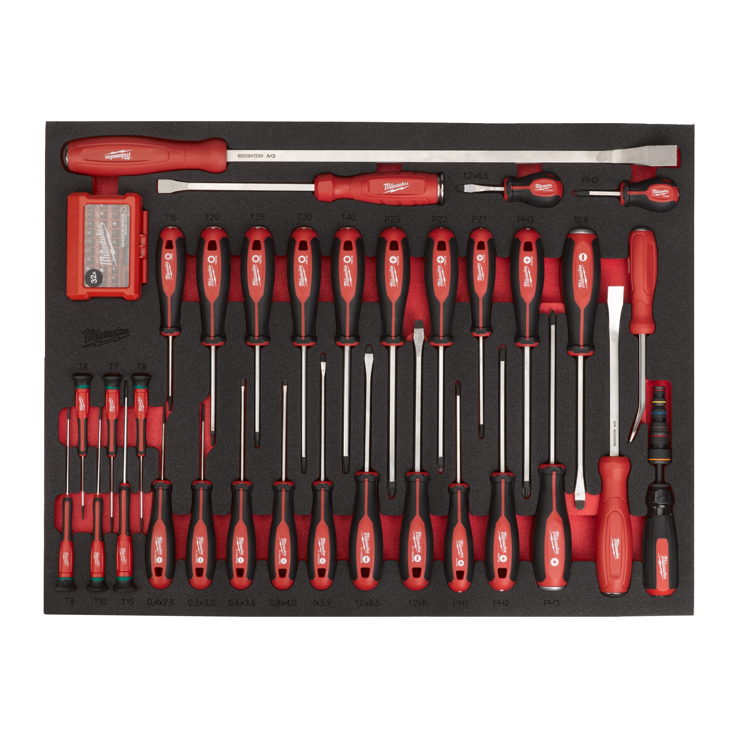 Inserție din spumă pentru dulap metalic TOOLGUARD™ șurubelnițe și leviere (70 buc.) pentru dulapurile 46″/36″ Milwaukee, cod 4932502084