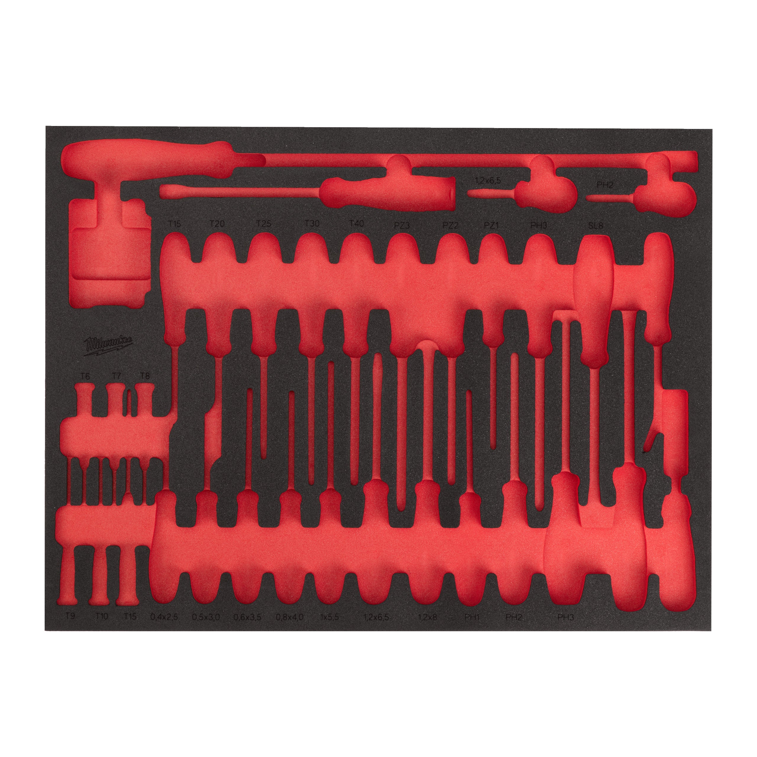 Inserție spumă goală pentru șurubelnițe și leviere (70 buc.) pentru dulapurile 46″/36″ Milwaukee REPLACEMENT 70 pc Screwdriver and Prybar Set Foam Insert 46''/36'', cod 4932502092