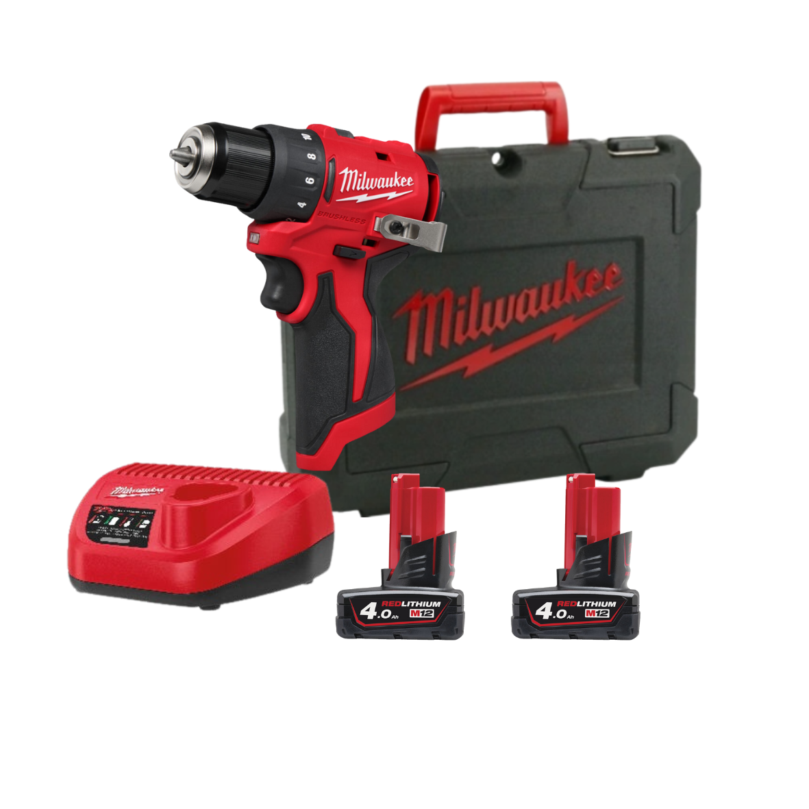 Mașină de găurit compactă, fără perii, Milwaukee M12 BLDDRC-402C, 2 x acumulator M12 B4, 1 x încărcător C12 C, cutie plastic, cod 4933499688