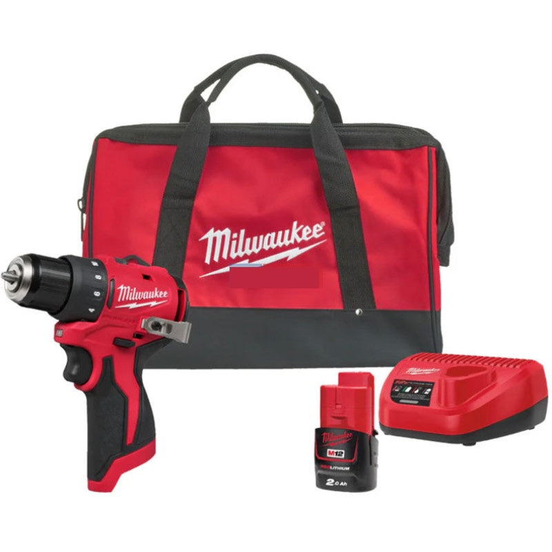 Mașină de găurit compactă, fără perii, Milwaukee M12 BLDDRC-201BRF, 1 x acumulator M12 B2, 1 x încărcător C12 C, 1 x geantă Milwaukee, cod 4933500773