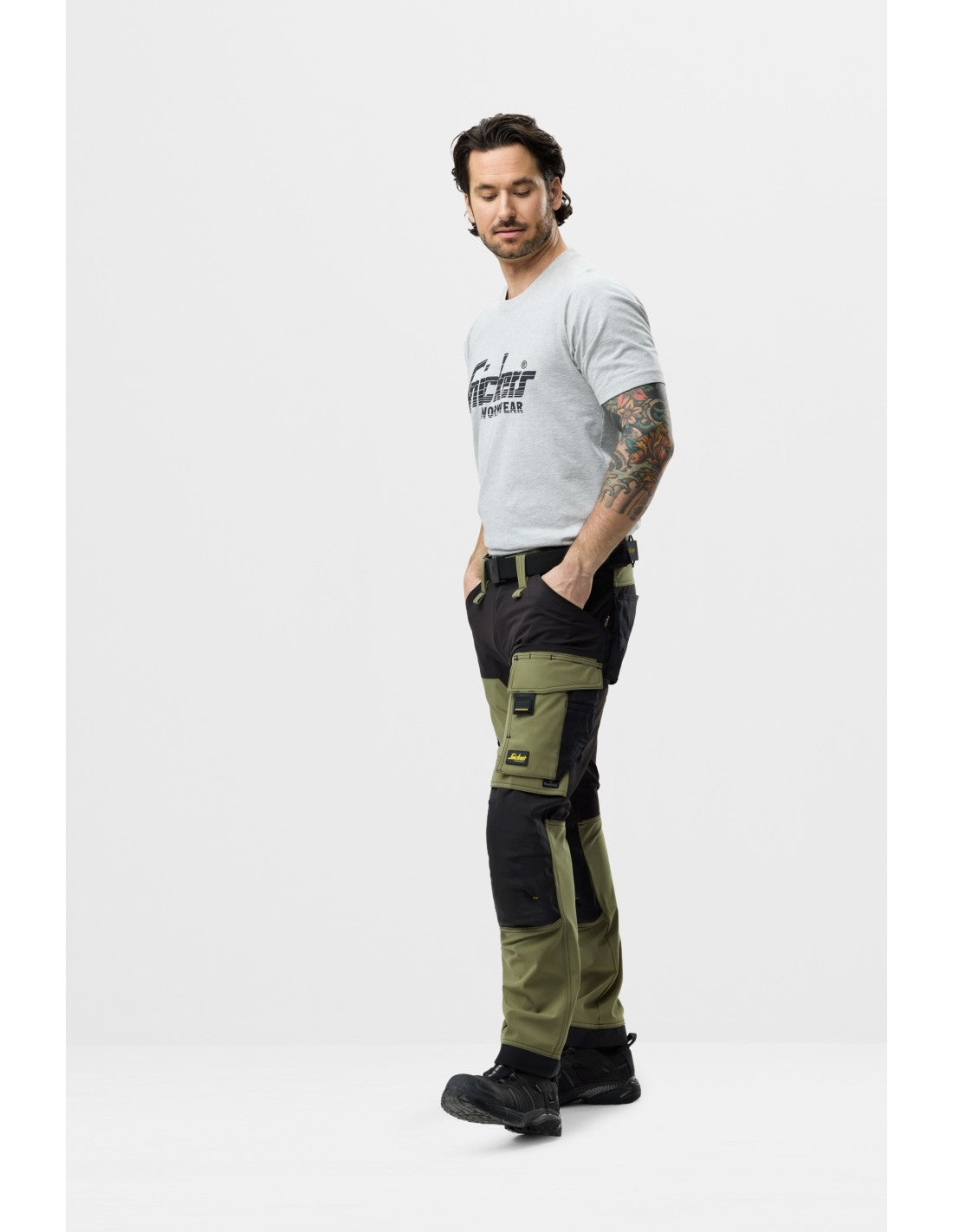 Pantaloni de lucru, 4-way stretch, anti-vânt, Snickers Workwear, AllroundWork, 6375, Khaki Green/Black