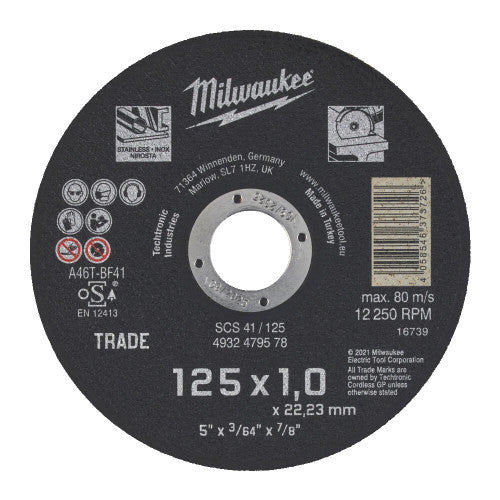 Disc abraziv pentru debitat metal Milwaukee SCS 125 x 1.0 x 22.22 mm, cod 4932479578