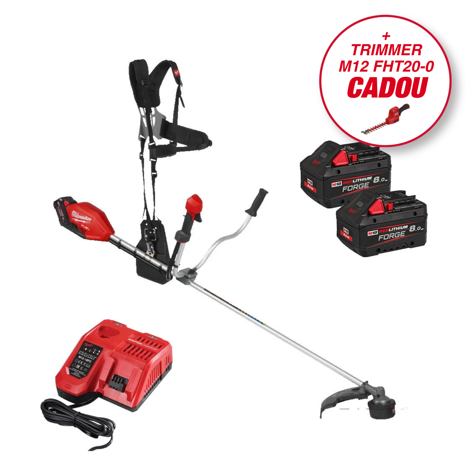 Trimmer cu fir și disc cu 4 dinți, Milwaukee M18 FBCU-802 FUEL™, 2 x acumulator FORGE M18 FB8, 1 x încărcător M12-18 FC, cod 4933499211