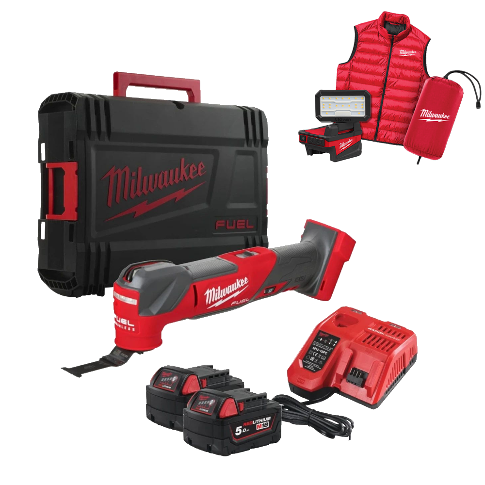 Unealtă multifuncțională Milwaukee M18 FMTMC-502X, cu oscilație stânga/dreapta 2.1°, 2 acumulatori 5Ah, 1 încărcător M12-18 FC, 1 cutie HD, cod 4933499454 + CADOU: 1 x lampă M18 ALIS-0 + 1 x vestă Milwaukee