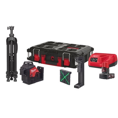 Nivelă laser Milwaukee verde 360° cu 3 planuri M12™ 3PLSKIT-401P, 1 x M12 B4 acumulator, C12 C încărcător, PACKOUT™ box, cod 4933499379