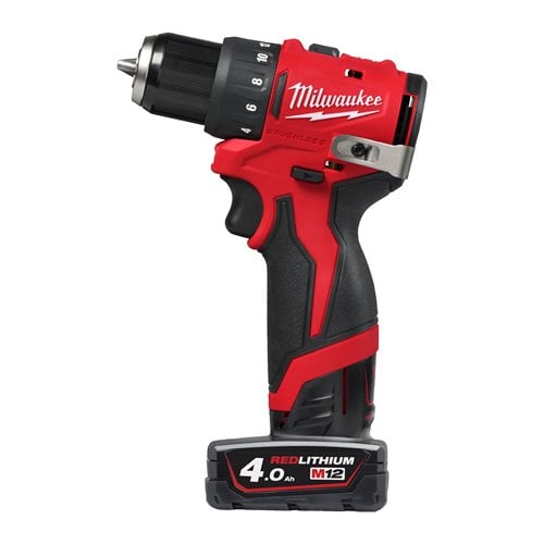 Mașină de găurit compactă, fără perii, Milwaukee M12 BLDDRC-402C, 2 x acumulator M12 B4, 1 x încărcător C12 C, cutie plastic, cod 4933499688