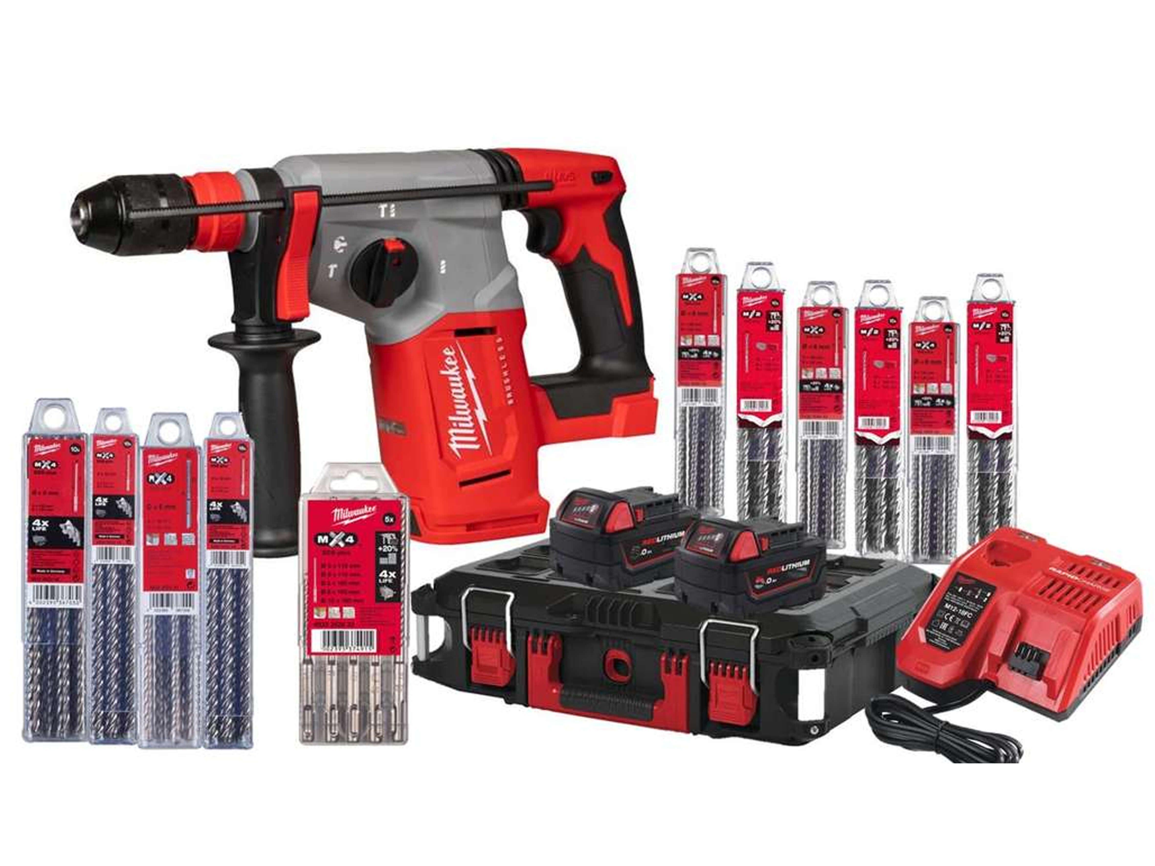 Ciocan rotopercutor SDS-Plus Milwaukee M18BLHX100P-502P FUEL™ cu mandrină FIXTEC™ și 4 funcții, 2 x acumulator M18 B5, 1 x încărcător M12-18 FC, 1 x valiză PACKOUT, burghie incluse, cod 4933498243 + CADOU: Set Burghie SDS+ 4932352833 - BIG STORE (Dynamic Tools SRL)
