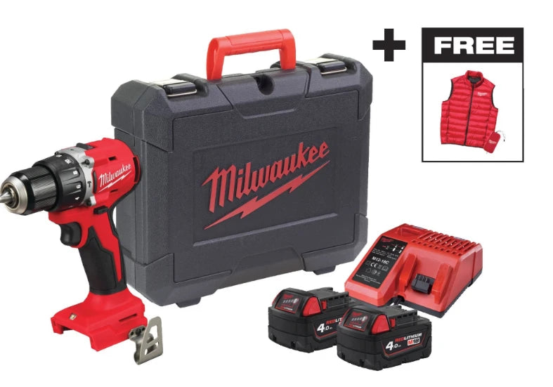 Mașină de găurit și înșurubat Milwaukee M18 BLPDRCMC-402C, 2 acumulatori 4Ah, 1 încărcător, 1 cutie, cod 4933499458 + CADOU: Vestă Milwaukee