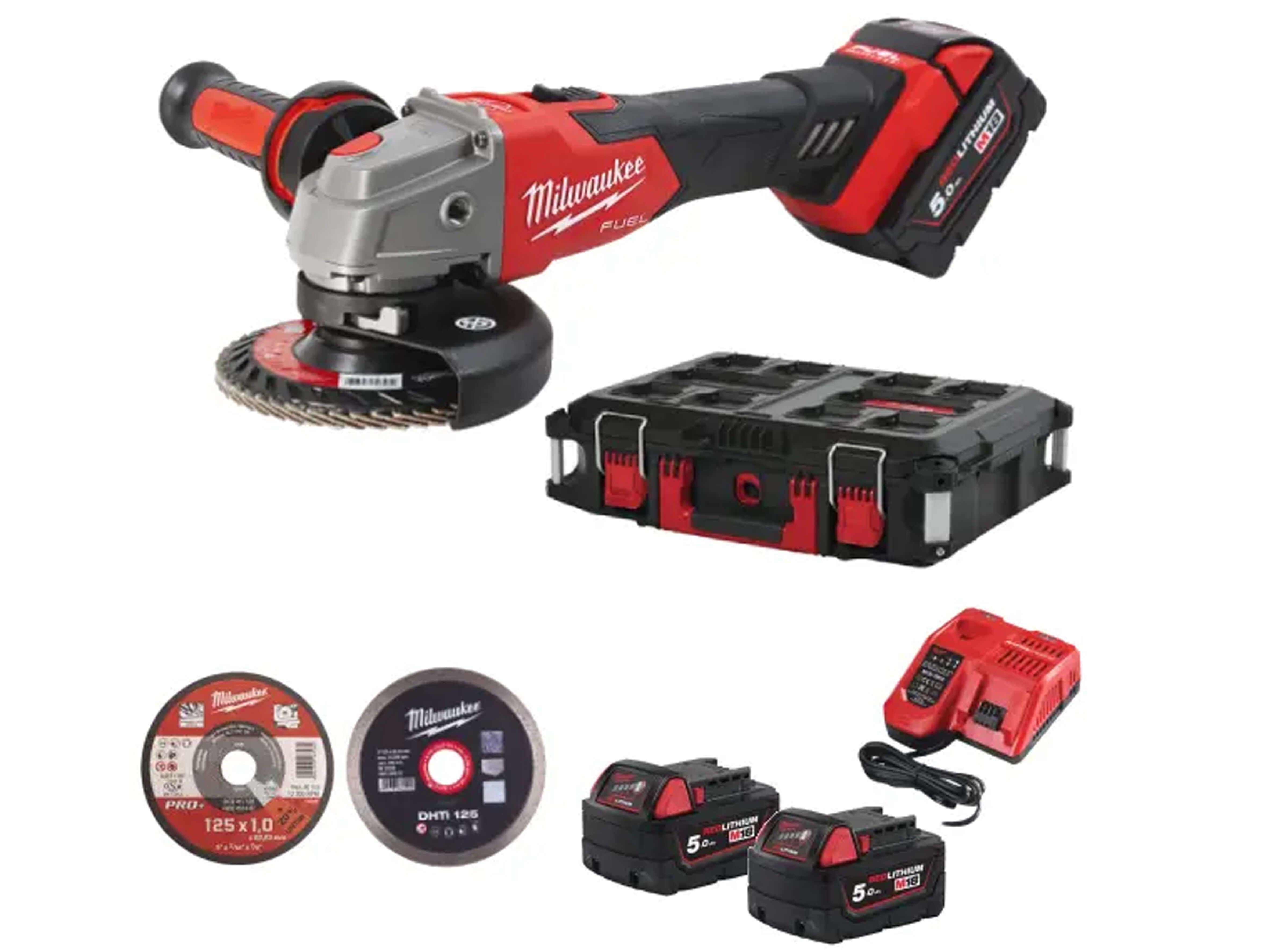 Polizor unghiular 125 mm Milwaukee M18 FSAG125XB100P-502P FUEL™, 2 x acumulator M18 B5, 1 x încărcător M12-18 FC, discuri abrazive, discuri diamantate, cutie PACKOUT, cod 4933498241 - BIG STORE (Dynamic Tools SRL)