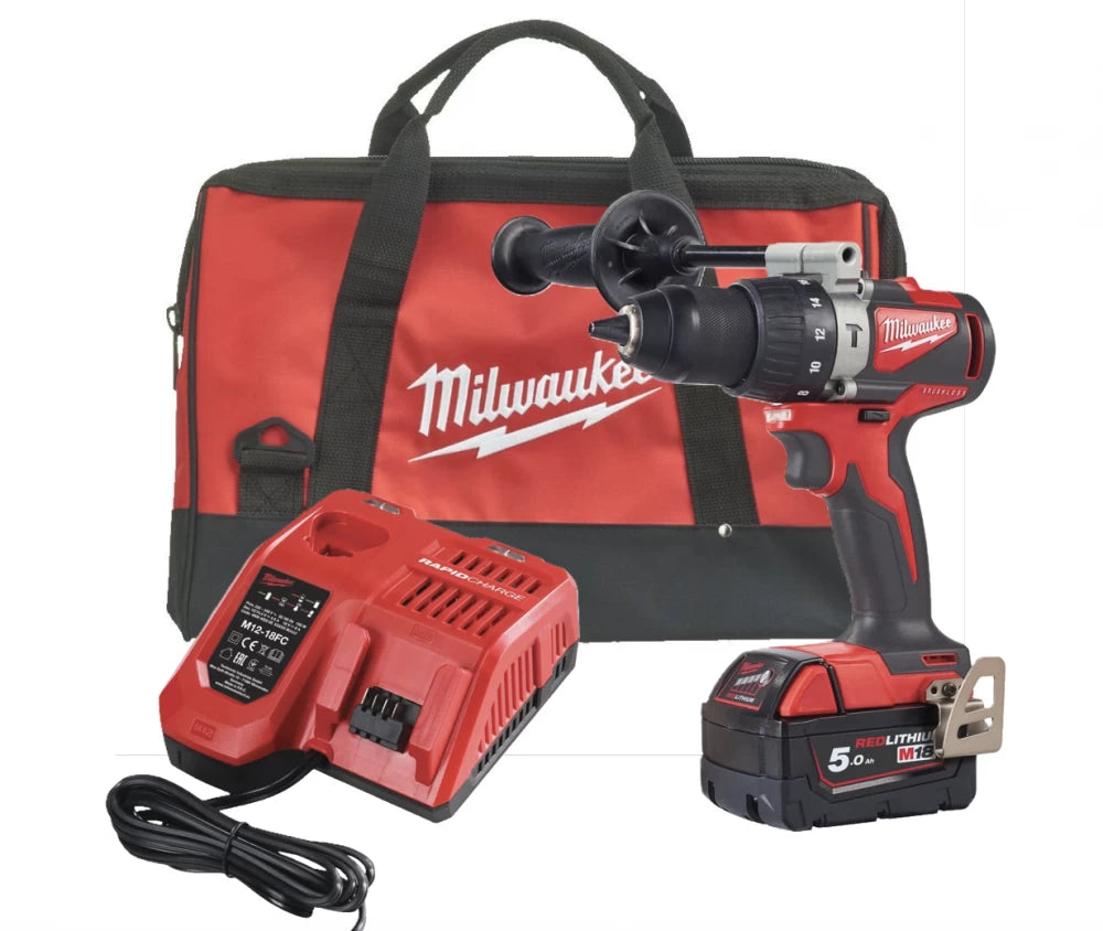 Mașină de găurit cu percuție, cu motor fără perii Milwaukee M18 BLPD2-501BRF, 1 x acumulator M18 B5, 1 x încărcător M12-18 C, 1 x geantă Milwaukee, cod 4933500775