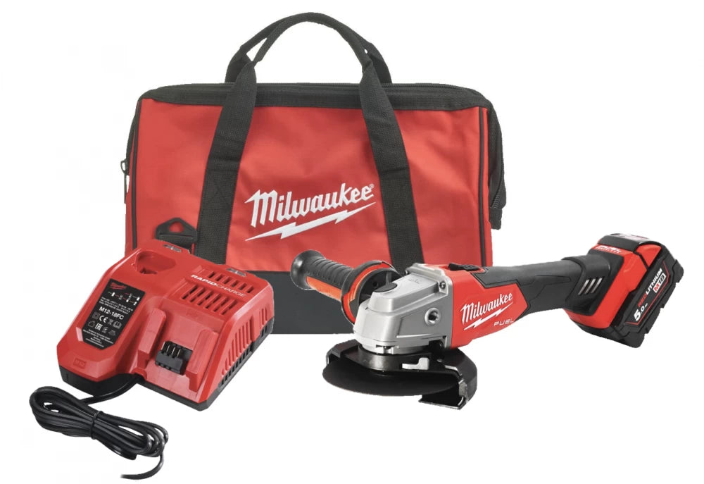 Polizor unghiular 125 mm cu comutator culisant Milwaukee M18 FSAG125X-501BRF FUEL™, 1 x acumulator M18 B5 , 1 x încărcător M12-18C, 1 x geantă de scule, cod 4933500779