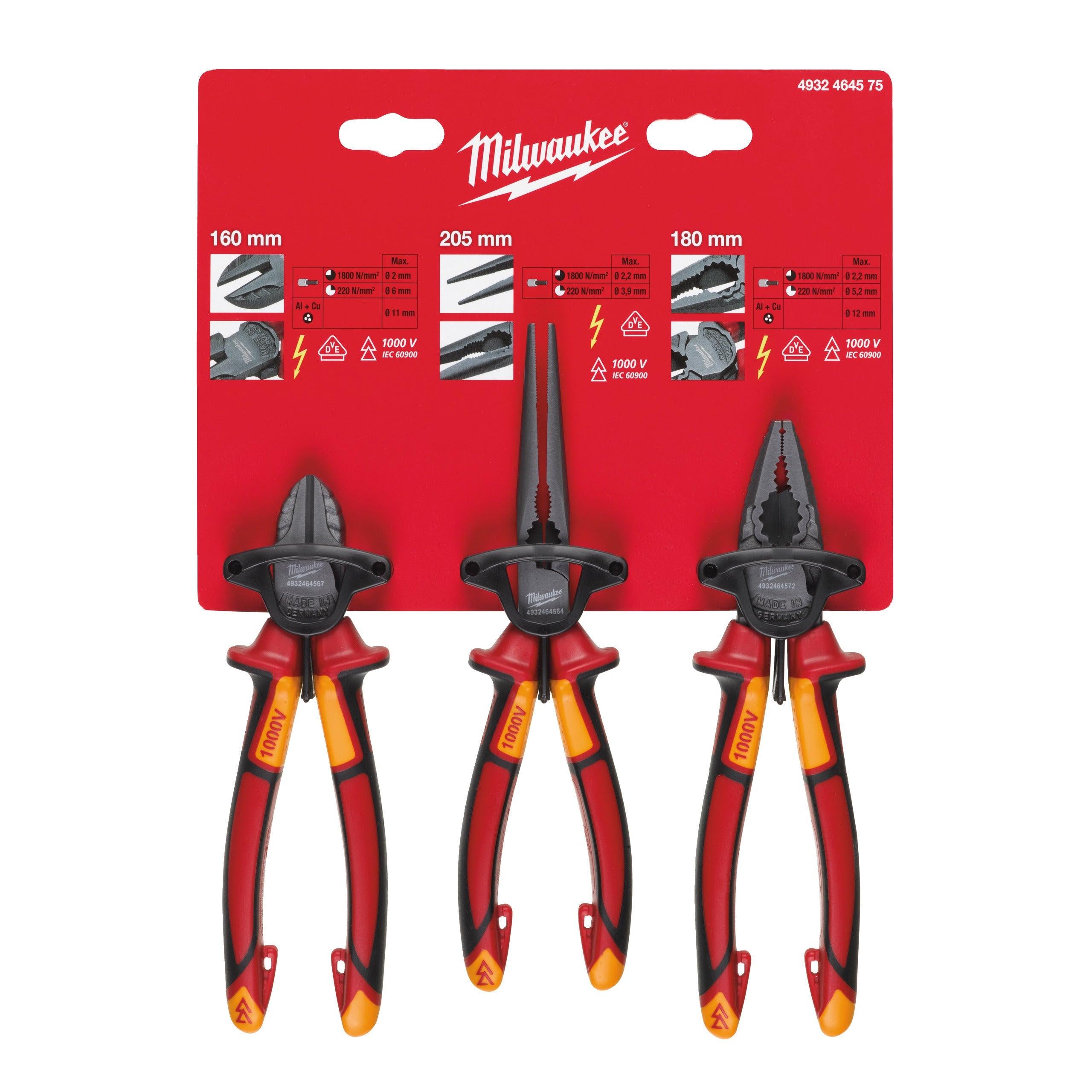 Set 3 VDE Milwaukee, 1 x clește cu tăiș lateral (160 mm), 1 x clește cu vârf lung (205 mm), 1 x clește combinat (180 mm), 4932464575 - BIG STORE (Dynamic Tools SRL)