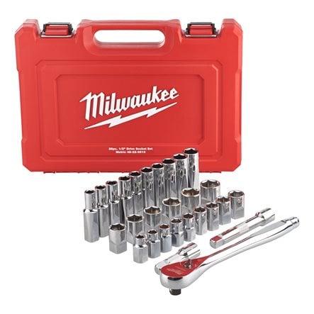 Trusă de chei tubulare cu clichet Milwaukee 1/2", 28 buc + extensii + tavă de depozitare, cod 4932471864