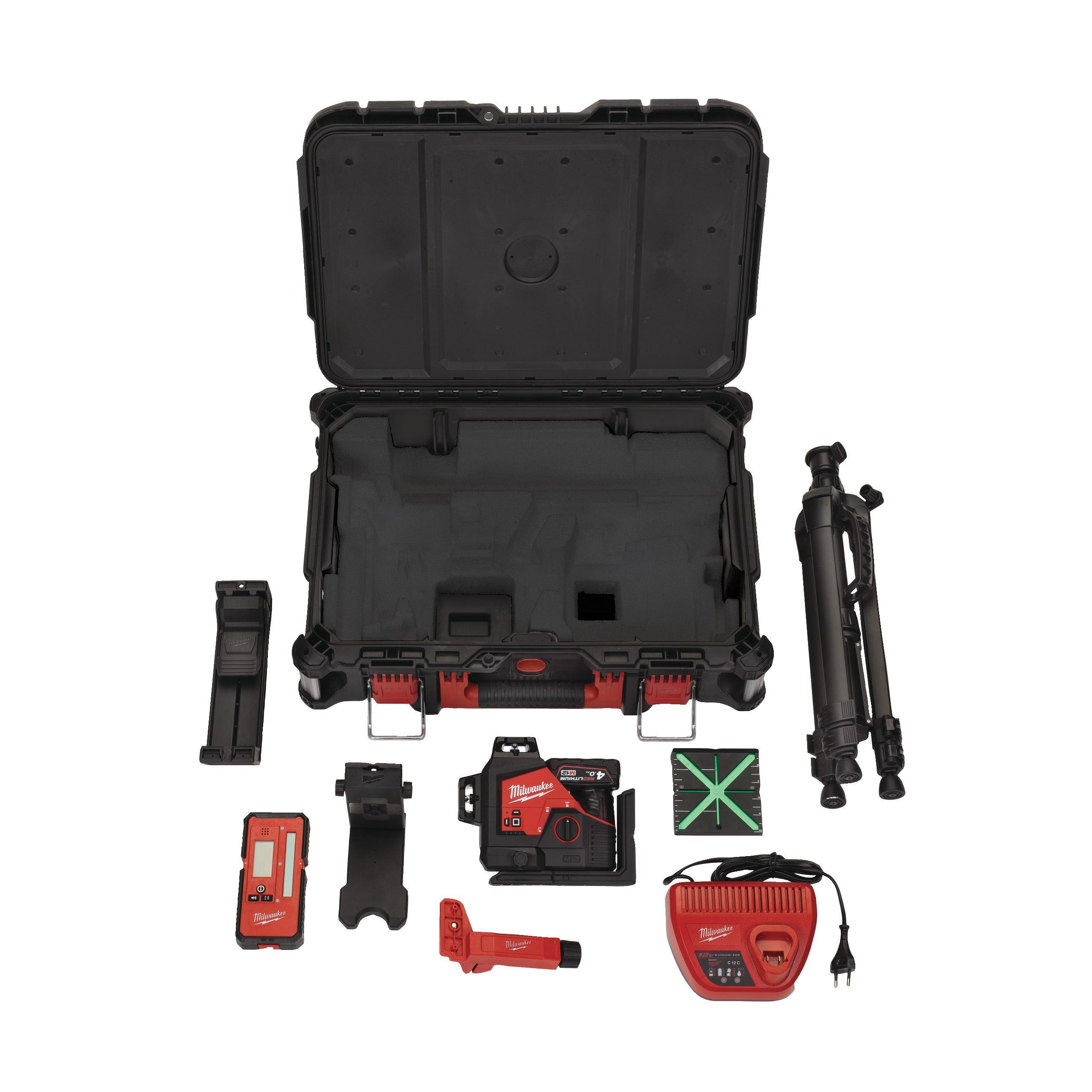 Nivelă laser M12™ verde 360° cu 3 planuri Milwaukee M12 3PLKIT-401P, 1 x M12 B4 acumulator, C12 C încărcător, PACKOUT™ box, cod 4933478960 - BIG STORE (Dynamic Tools SRL)