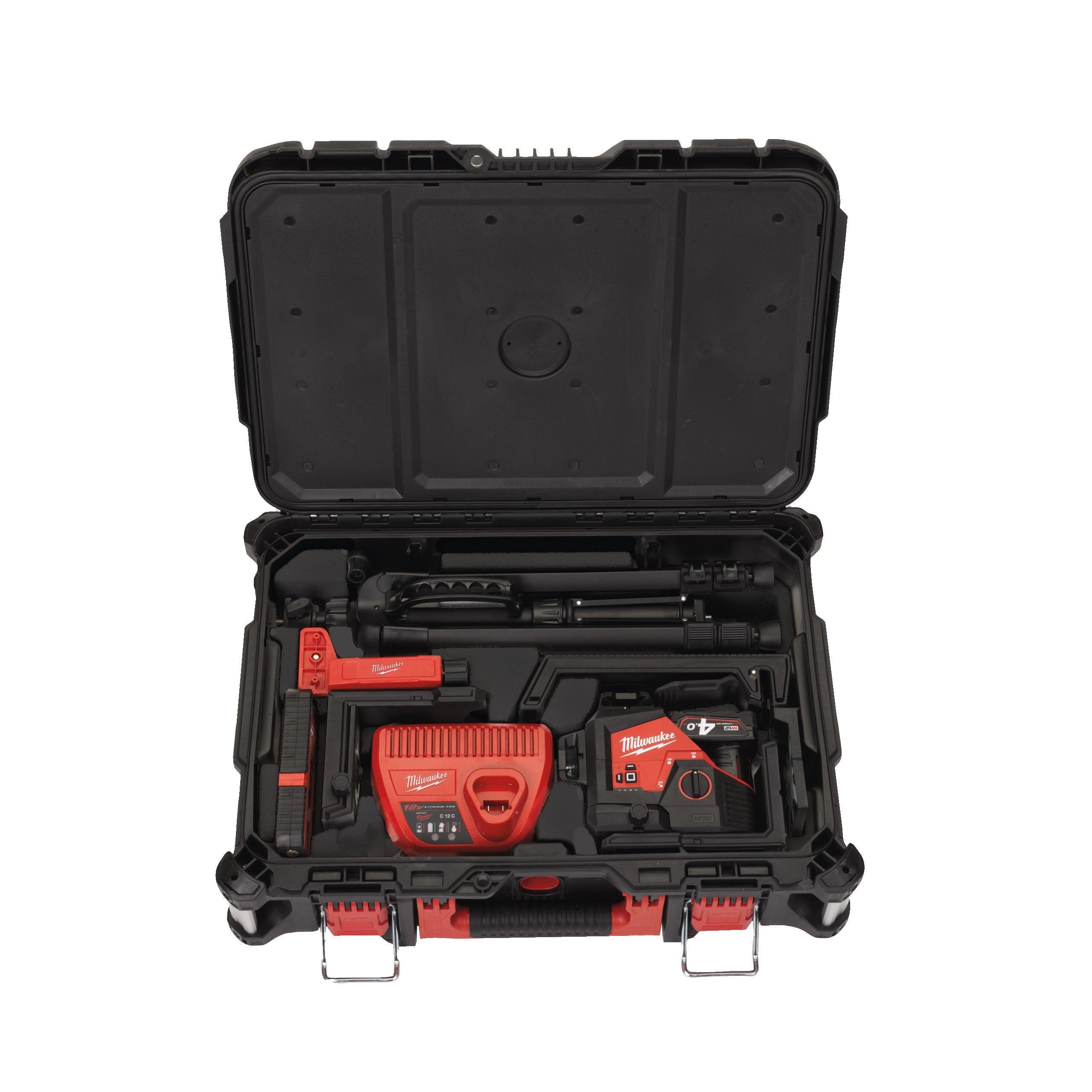 Nivelă laser M12™ verde 360° cu 3 planuri Milwaukee M12 3PLKIT-401P, 1 x M12 B4 acumulator, C12 C încărcător, PACKOUT™ box, cod 4933478960 - BIG STORE (Dynamic Tools SRL)