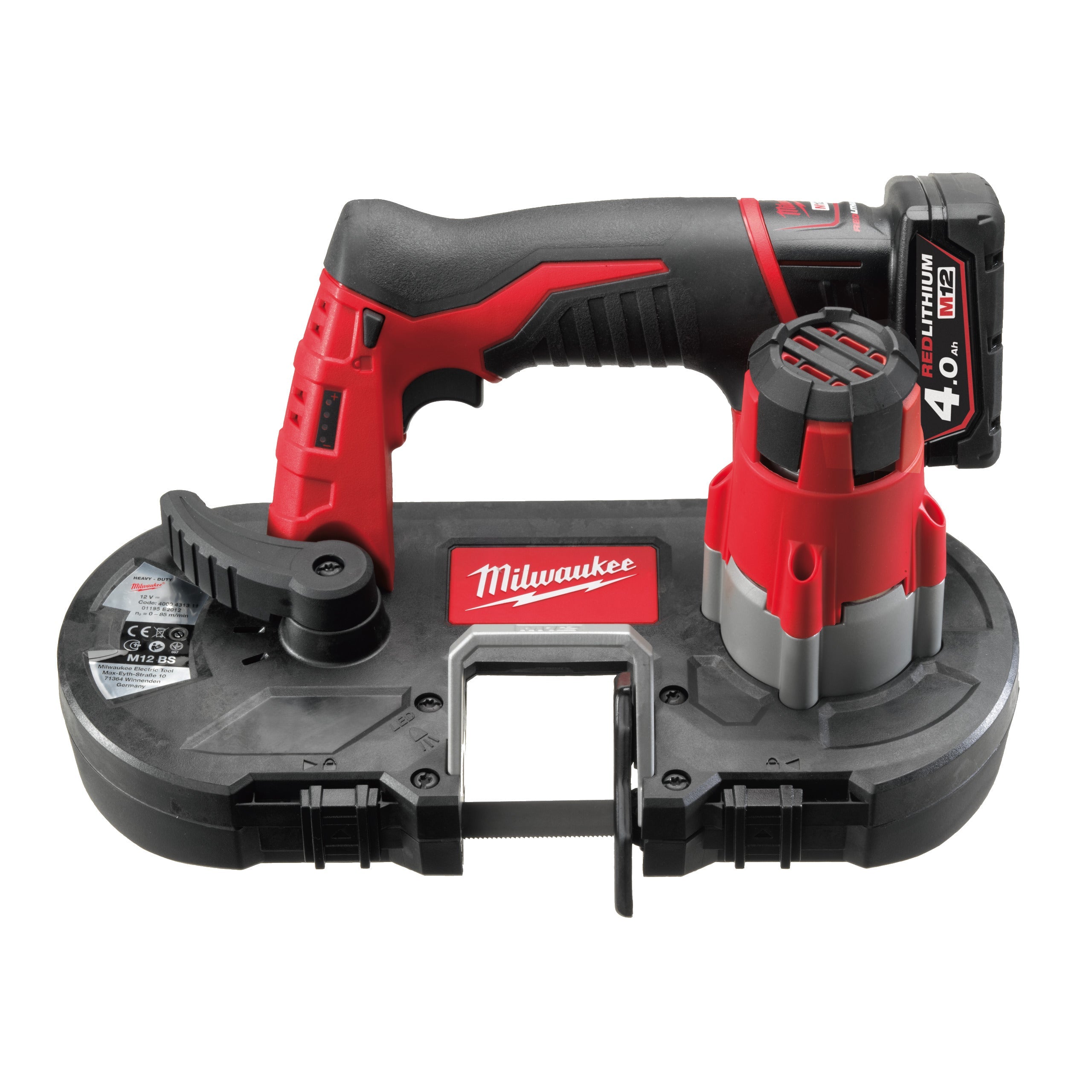Fierăstrău cu bandă pentru metal M12™ subcompact Milwaukee M12BS-402C, cod 4933441805, 2 x M12 B4 acumulator, C12 C încărcător, cutie plastic - BIG STORE (Dynamic Tools SRL)