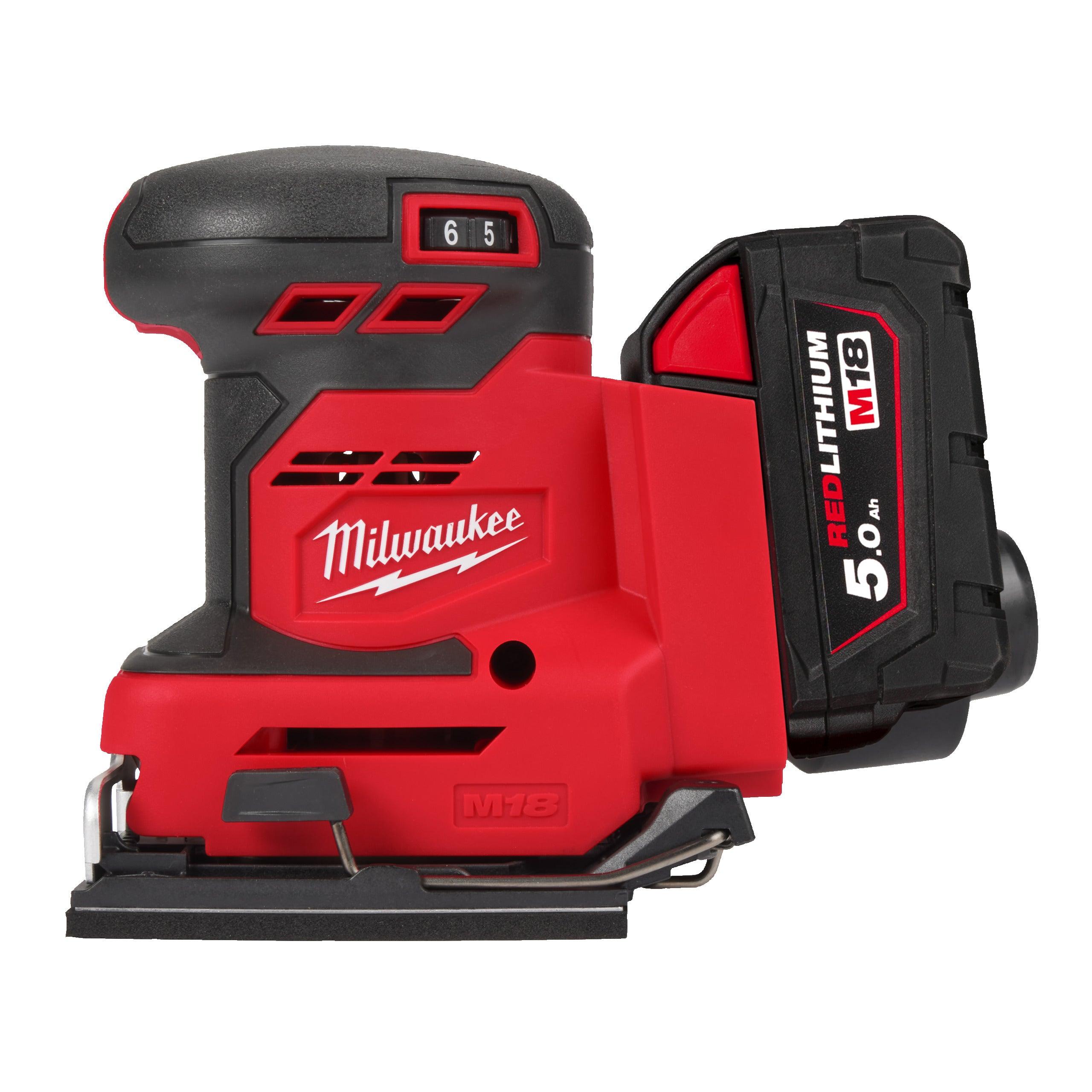 Șlefuitor rectiliniu Milwaukee M18BQSS-502B, sac de praf, perforator, bază netedă de rezervă, foi de șlefuit, 2 x acc, M18 B5, 1 x încărcător M12-M18 C, 1 x geantă scule, cod 4933479967 - BIG STORE (Dynamic Tools SRL)