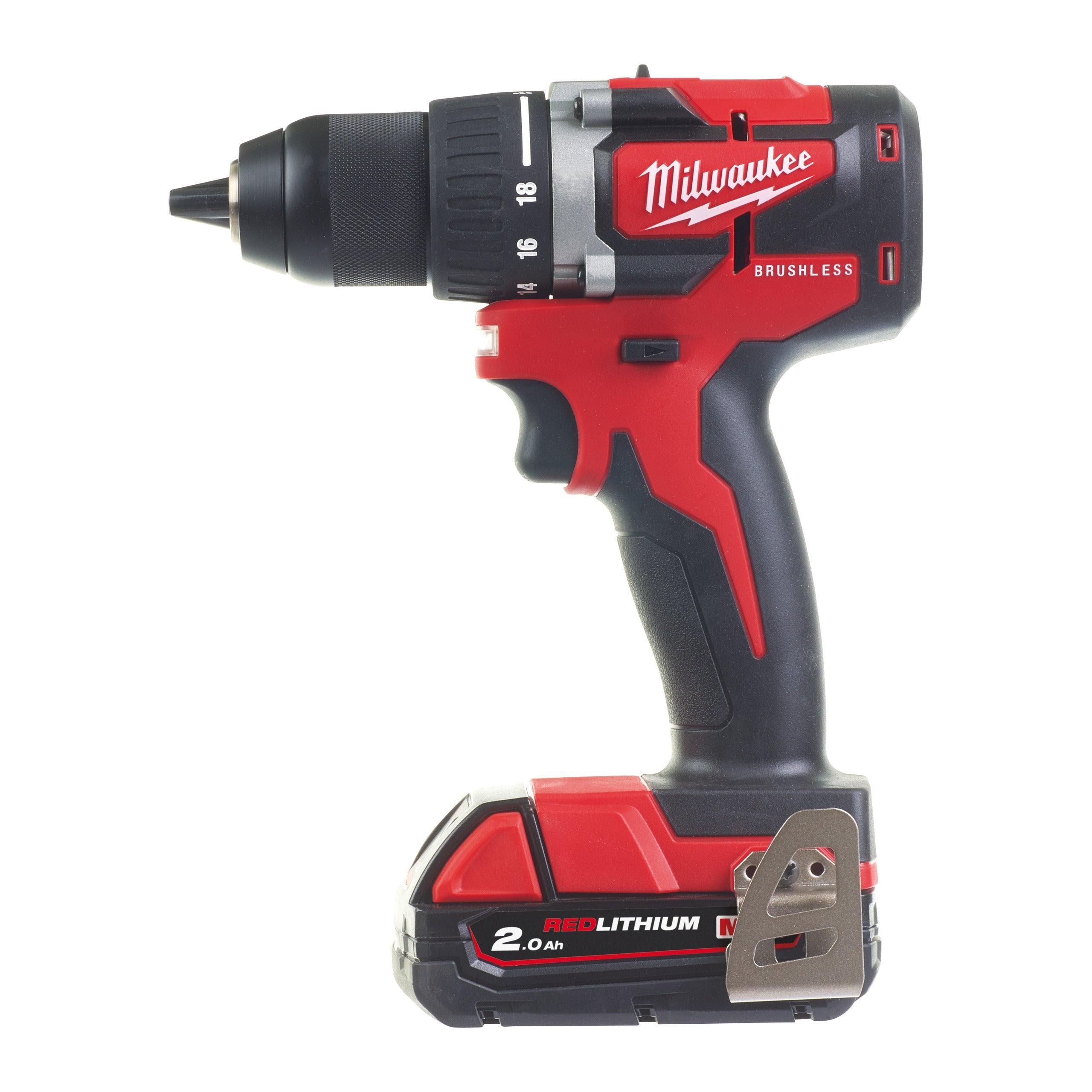 Mașină de găurit, compactă, cu motor fără perii M18™ Milwaukee M18CBLDD-202C, cod 4933464317, 2 x M18 B2 acumulator, M12-18 C încărcător, cutie plastic - BIG STORE (Dynamic Tools SRL)