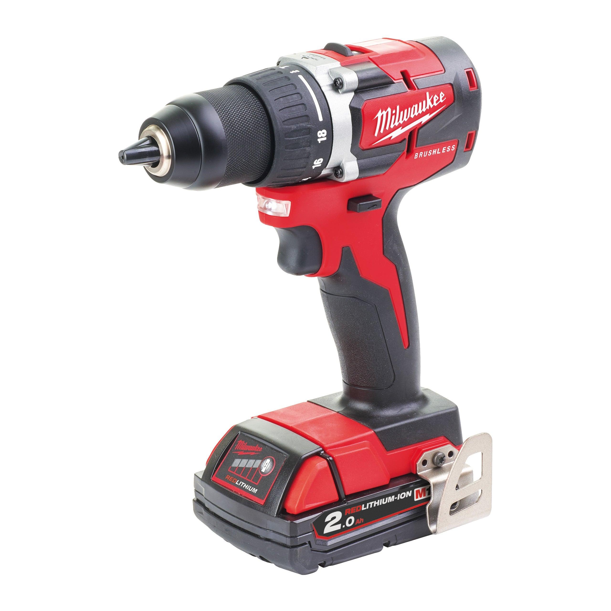 Mașină de găurit, compactă, cu motor fără perii M18™ Milwaukee M18CBLDD-202C, cod 4933464317, 2 x M18 B2 acumulator, M12-18 C încărcător, cutie plastic - BIG STORE (Dynamic Tools SRL)